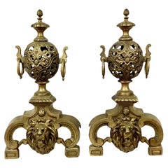 Pair Of Late 19th Century Brass Lion's Head Andirons