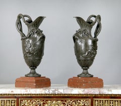 Pair of Late 19th Century Bronze and Griotte Uni Marble Ewers After Clodion