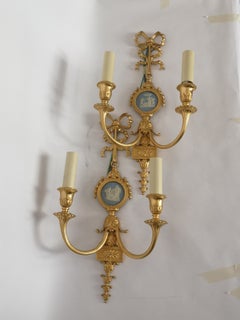 Pair of Late 19th Century Bronze and Wedgwood Wall Lights