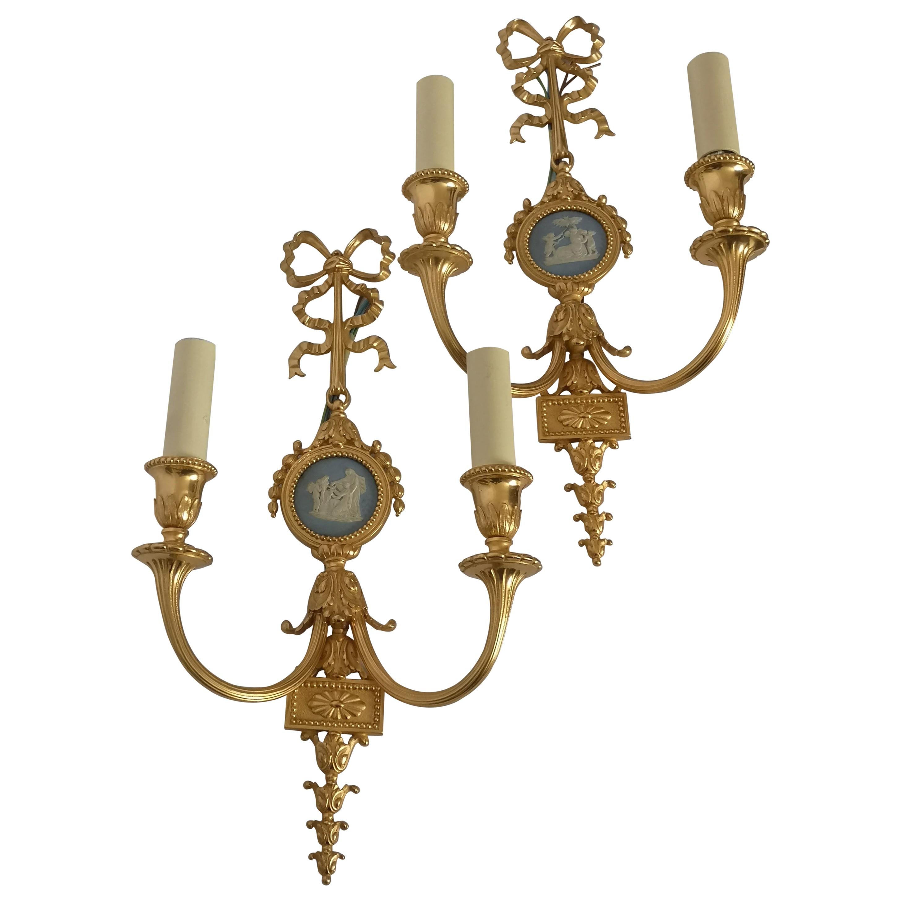 Pair of Late 19th Century Bronze and Wedgwood Wall Lights For Sale