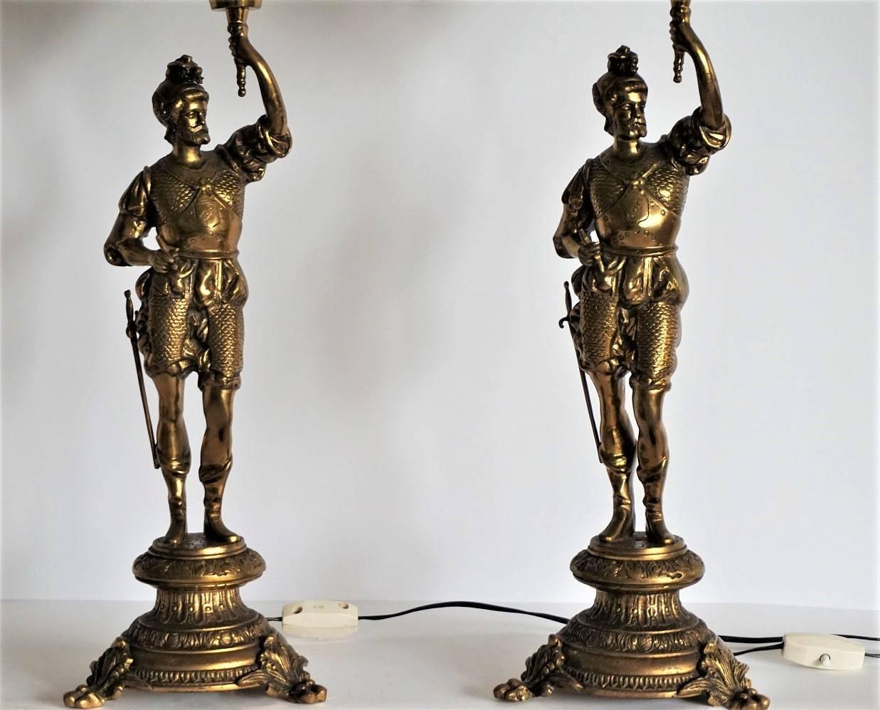 Baroque Pair of Late 19th Century Bronze Soldiers Electrified Candelabras, Table Lamps