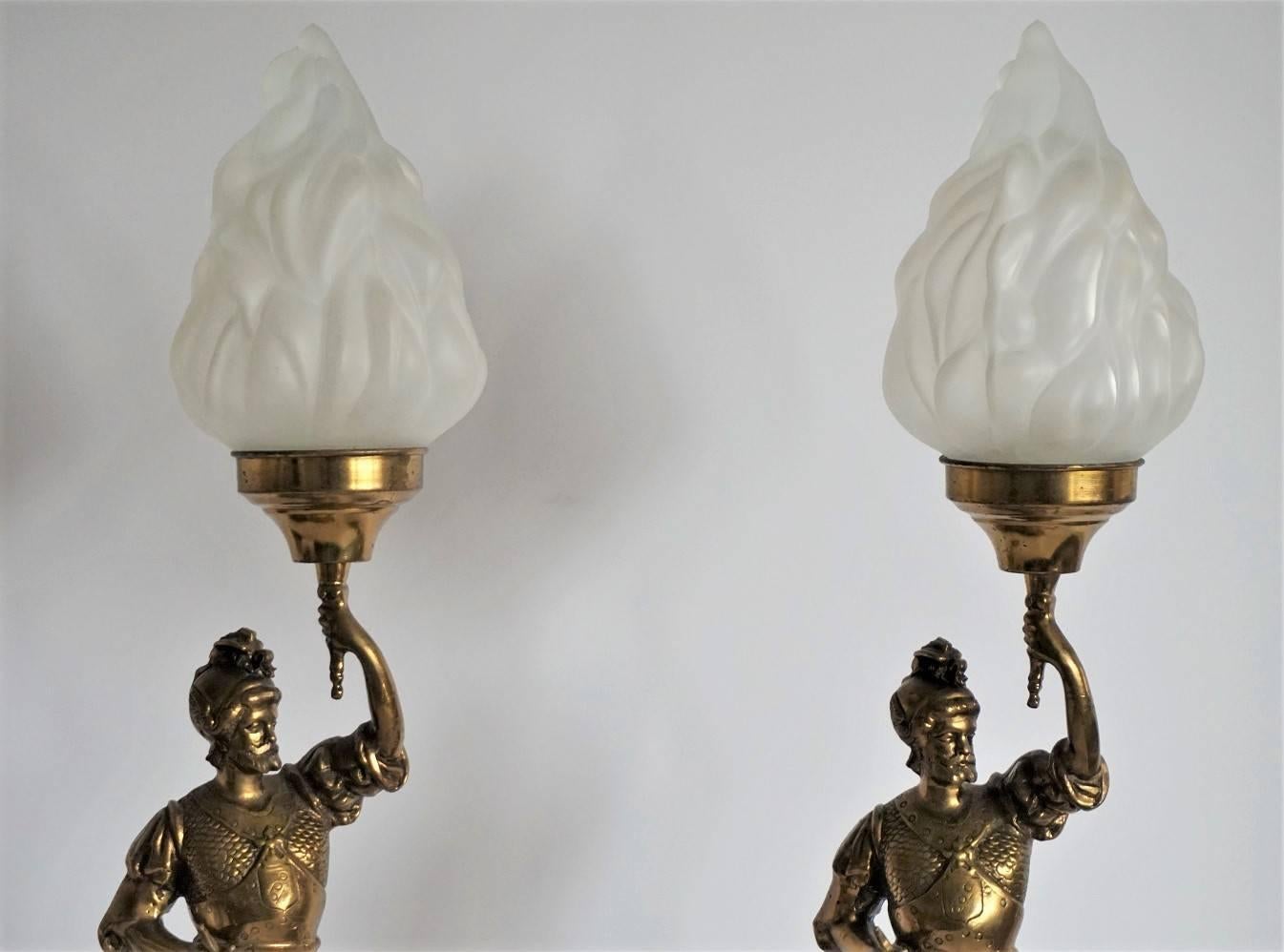 Cast Pair of Late 19th Century Bronze Soldiers Electrified Candelabras, Table Lamps
