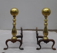 Pair of late 19th Century Canon Ball Brass and Iron Andirons