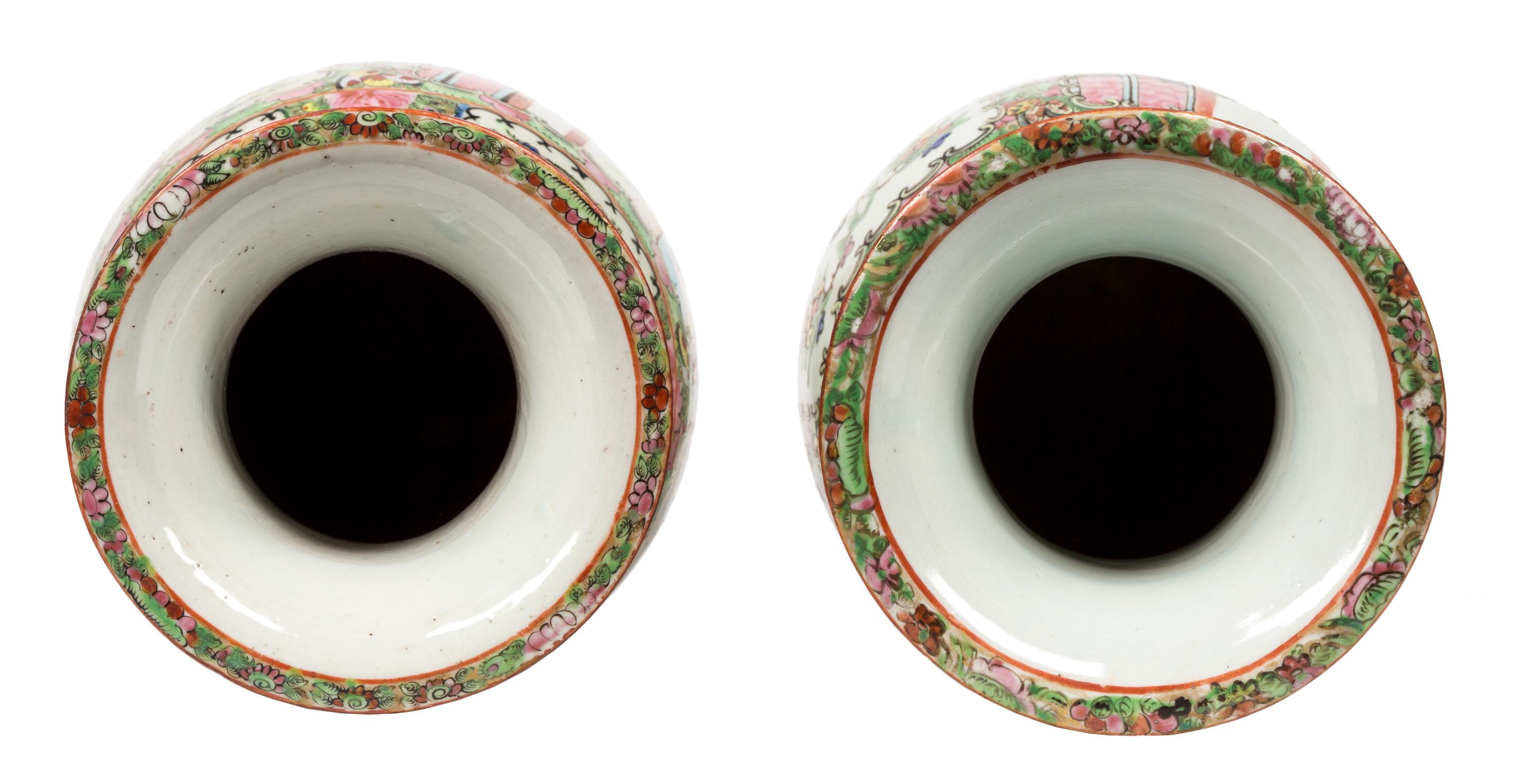 Chinese Export Pair 19th Century Canton Chinese Urns in Famille Rose Style, Bright Colors