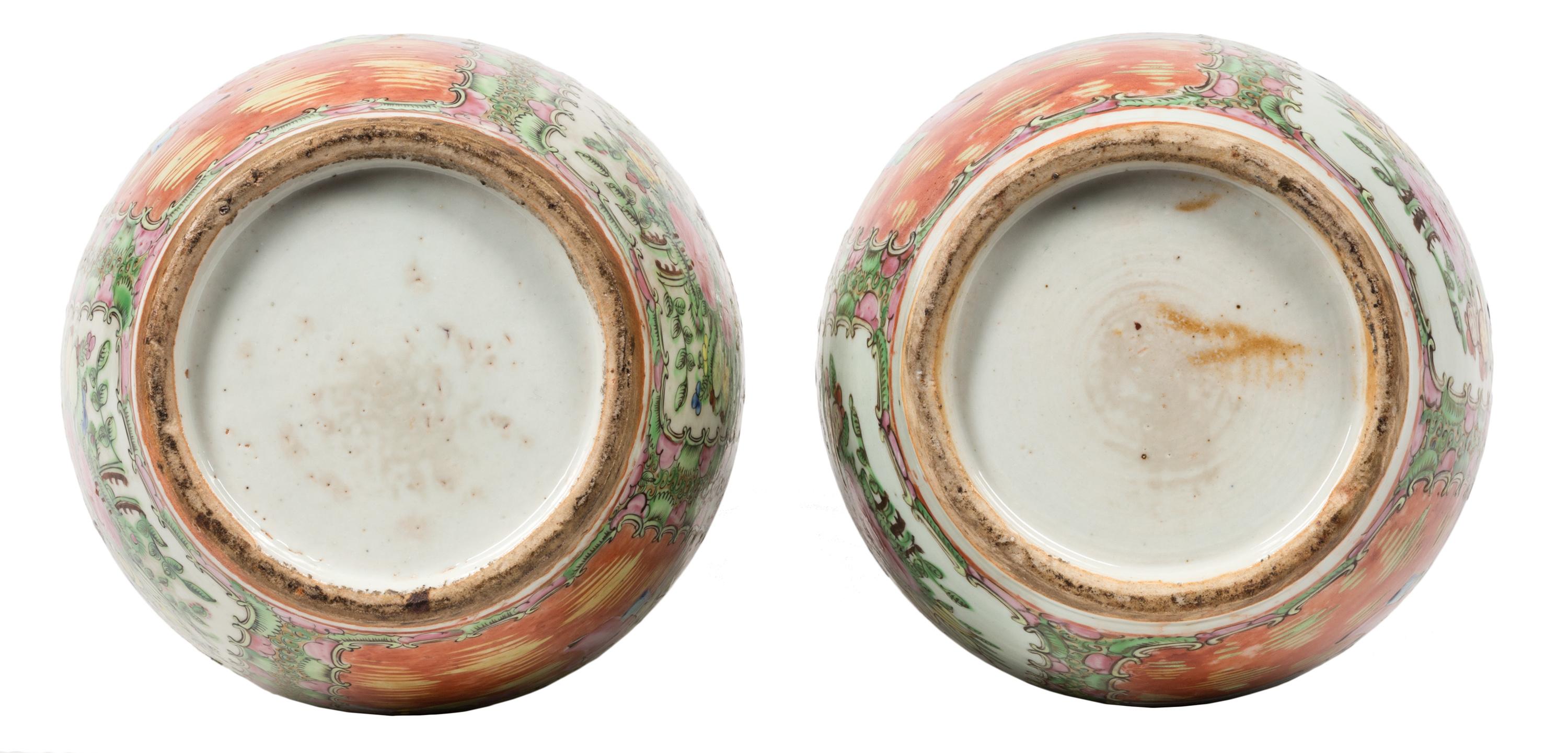 Glazed Pair 19th Century Canton Chinese Urns in Famille Rose Style, Bright Colors