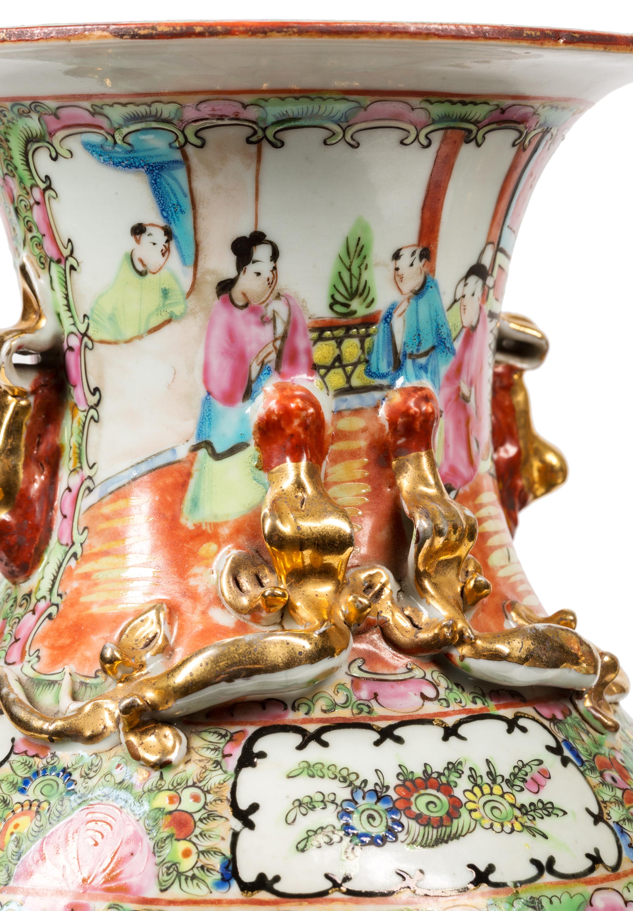 Pair 19th Century Canton Chinese Urns in Famille Rose Style, Bright Colors 1