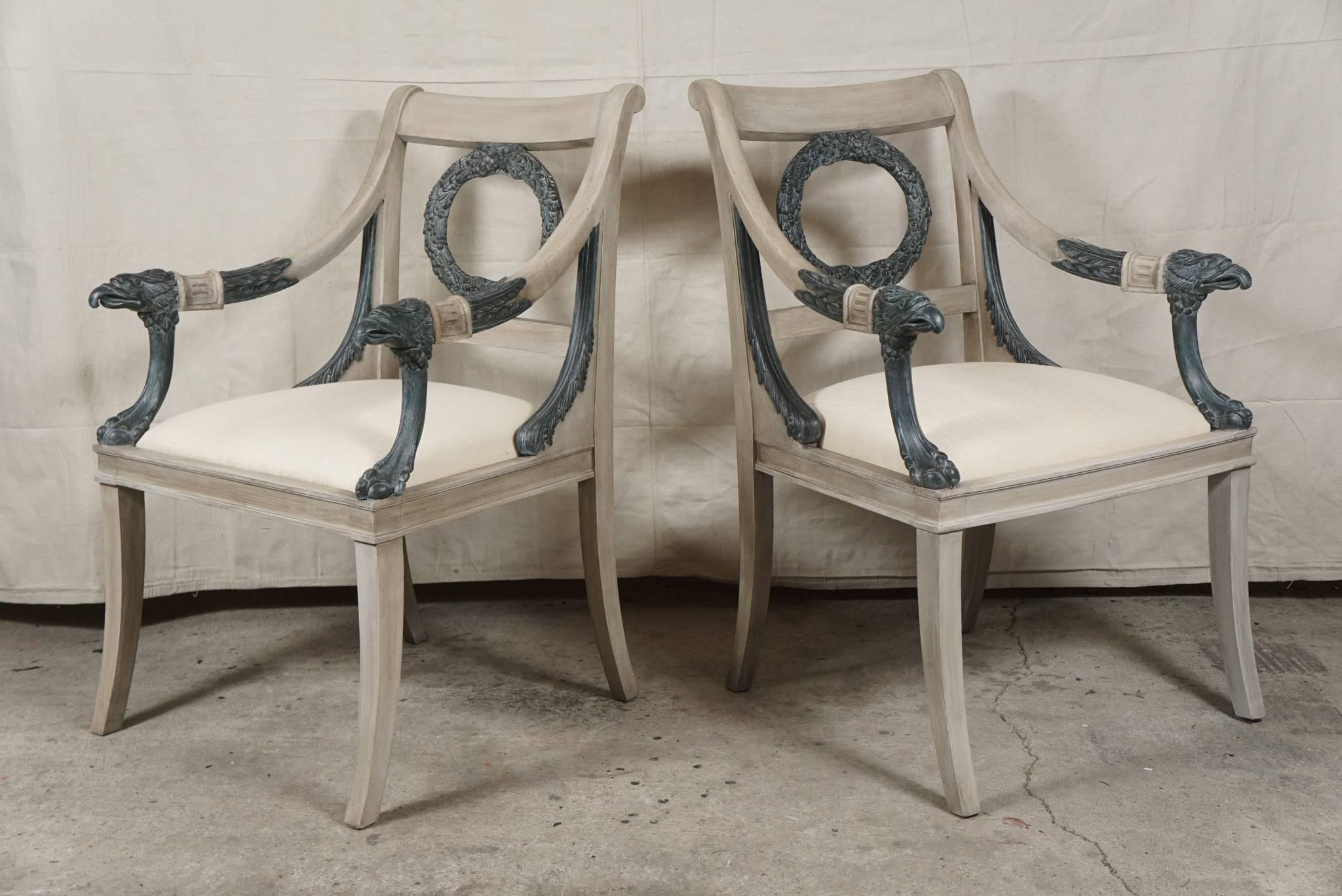Empire Pair of Late 19th Century Carved and Painted Wood Classical Style Open Armchairs For Sale