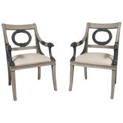 Pair of Late 19th Century Carved and Painted Wood Classical Style Open Armchairs