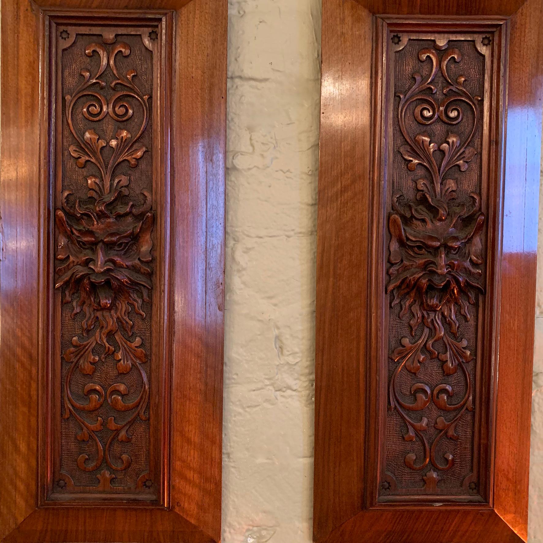 Gothic Revival Pair of Late 19th Century Carved Mahogany Gargoyle Panels