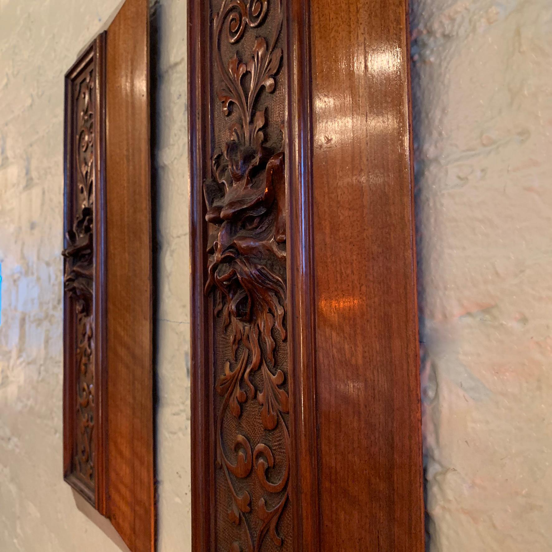 Pair of Late 19th Century Carved Mahogany Gargoyle Panels 1