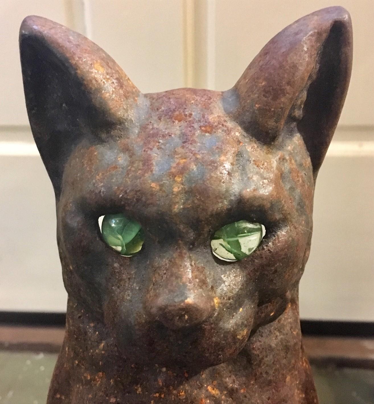 American Pair of Late 19th Century Cast Iron Cat Andirons with Green Glass Eyes