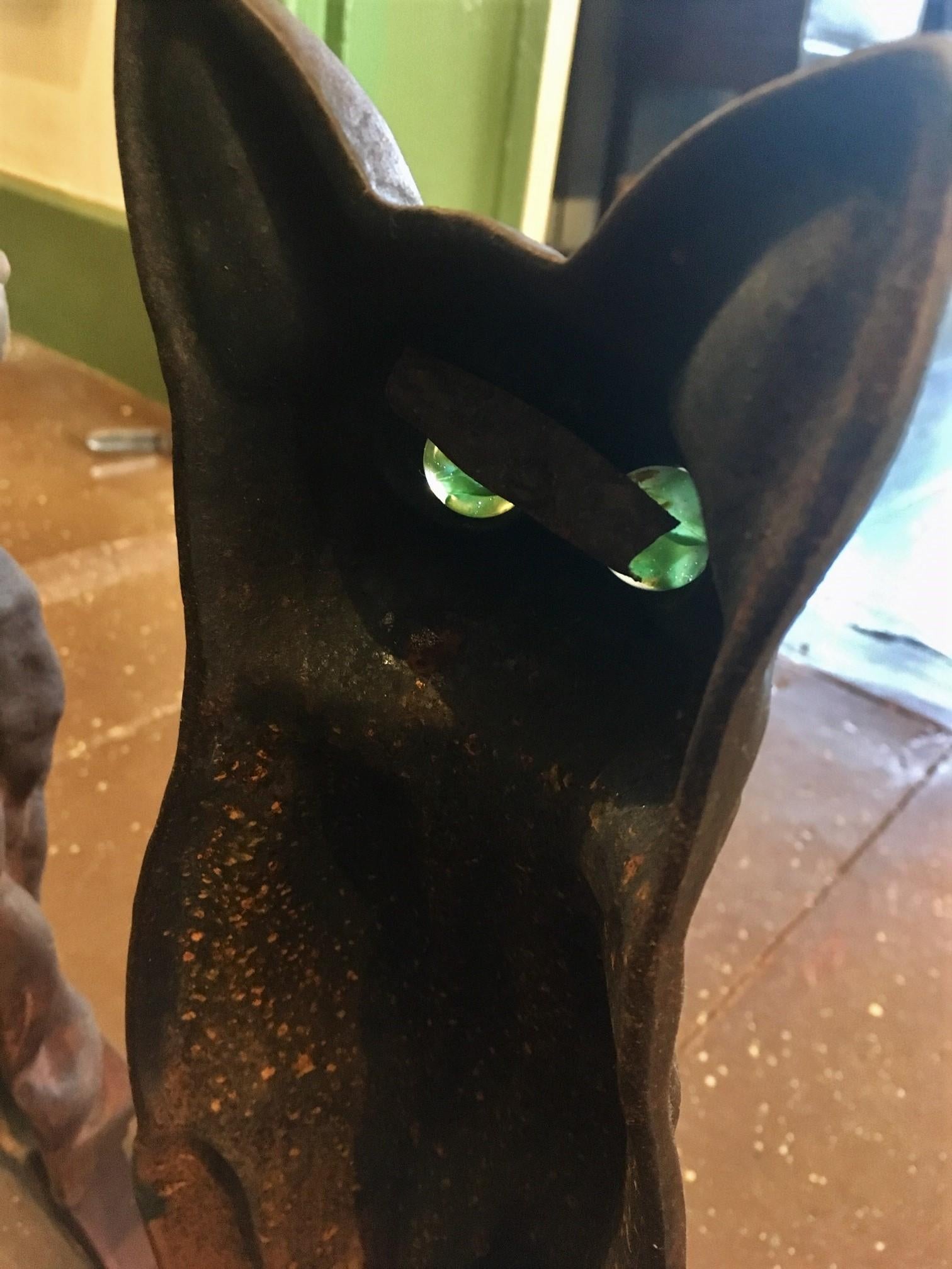 Pair of Late 19th Century Cast Iron Cat Andirons with Green Glass Eyes In Good Condition In Nantucket, MA