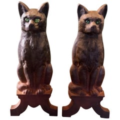 Antique Pair of Late 19th Century Cast Iron Cat Andirons with Green Glass Eyes