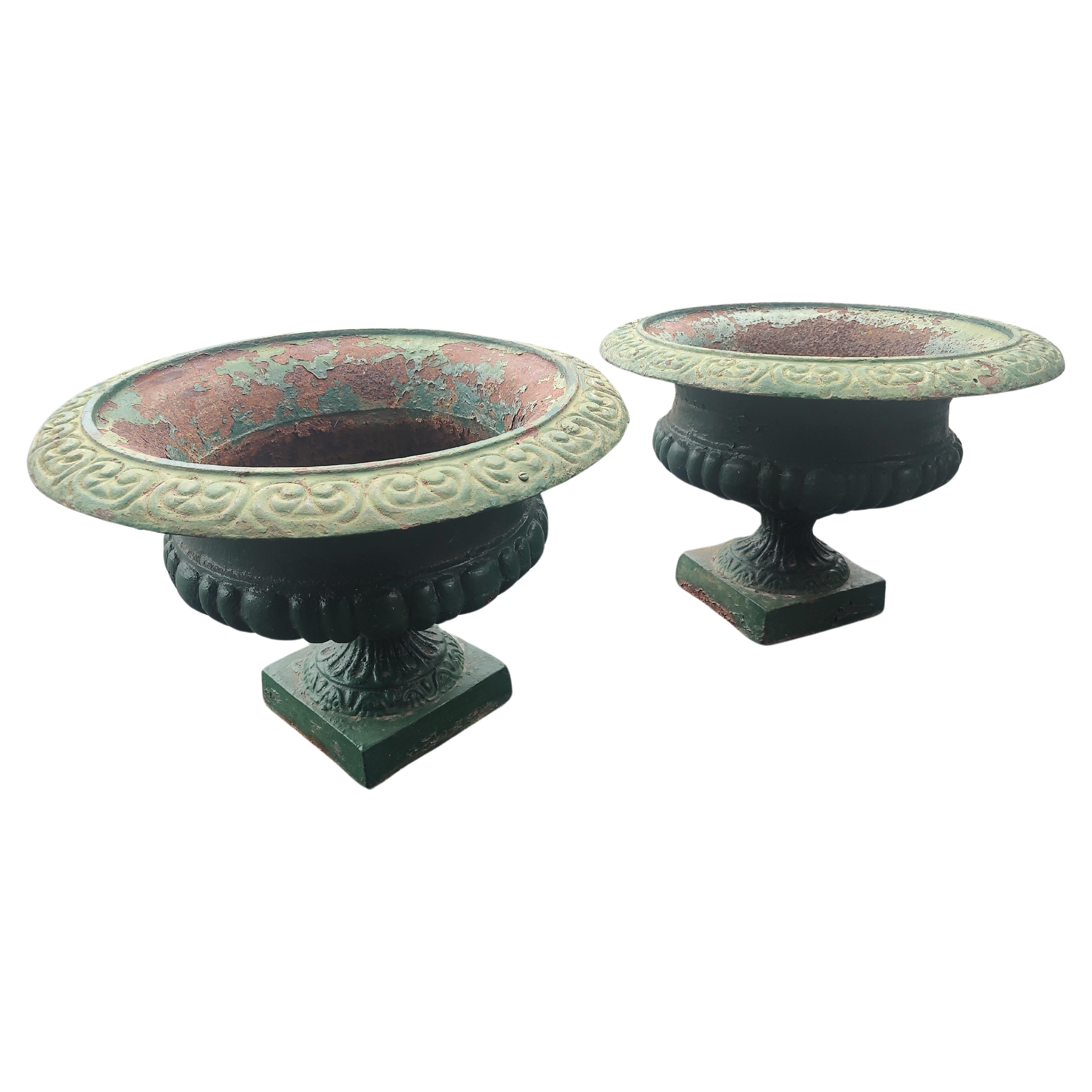 Pair of Late 19th Century Cast Iron Planters in Old Green Paint C 1895