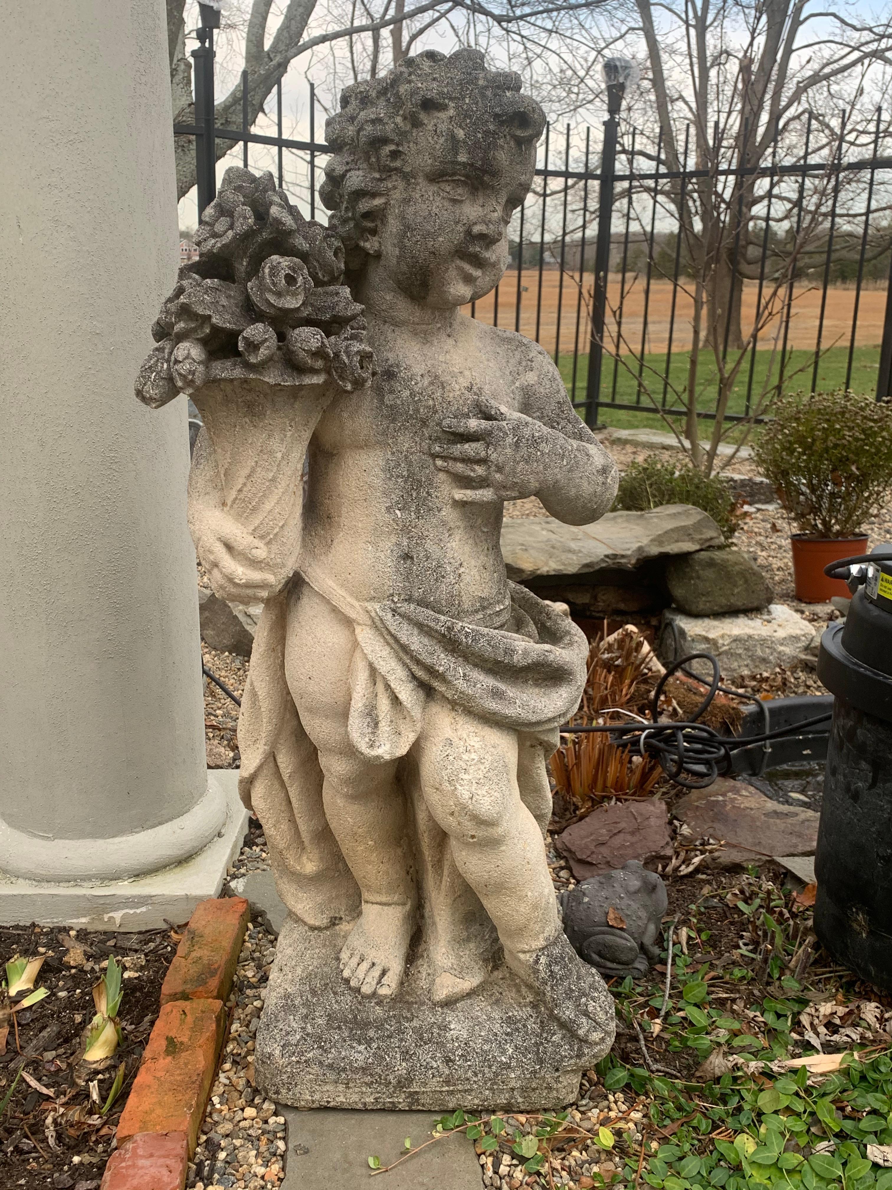 Edwardian Pair of Late 19th Century Cast Stone Garden Statues of Putti