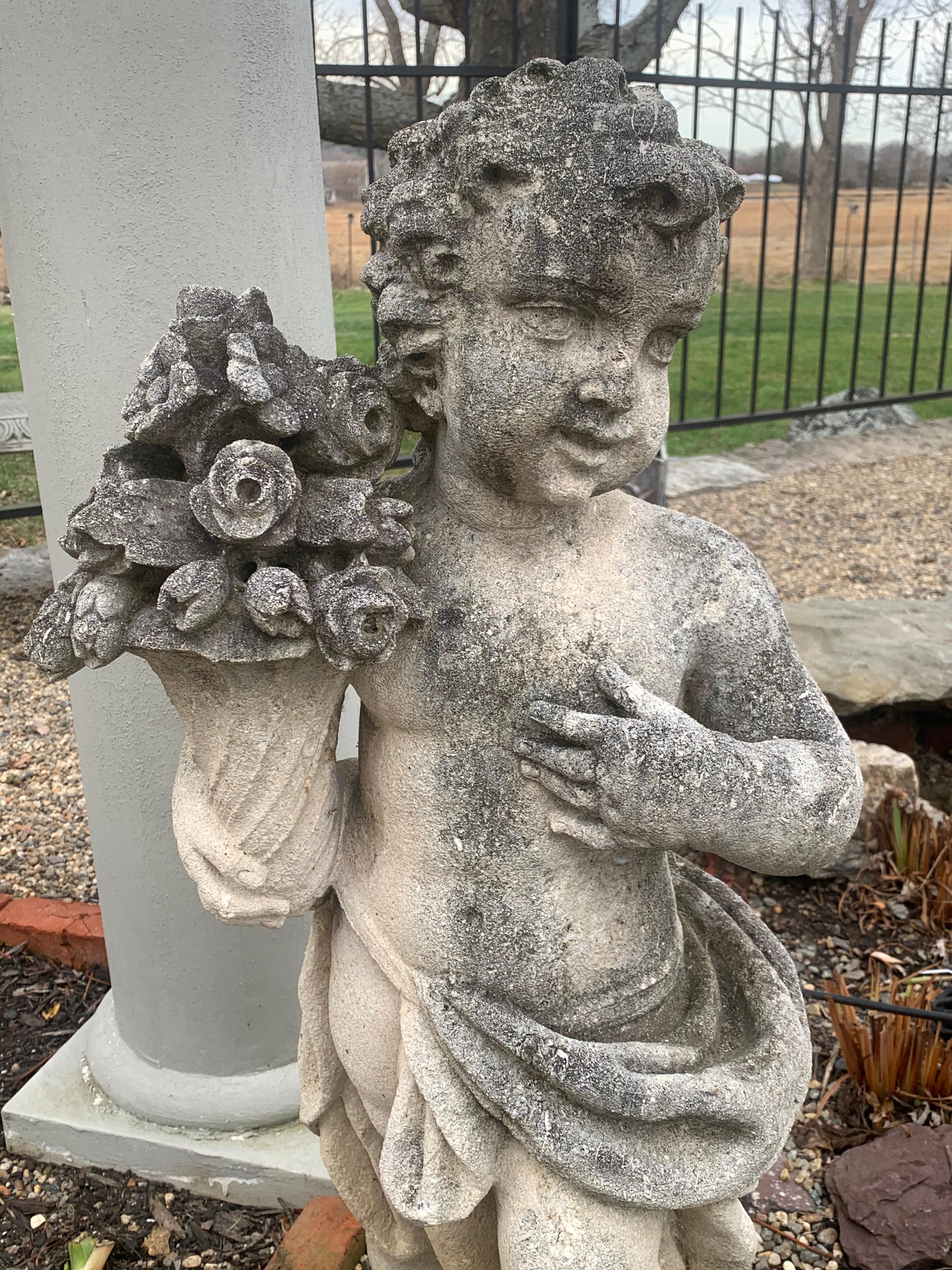 English Pair of Late 19th Century Cast Stone Garden Statues of Putti