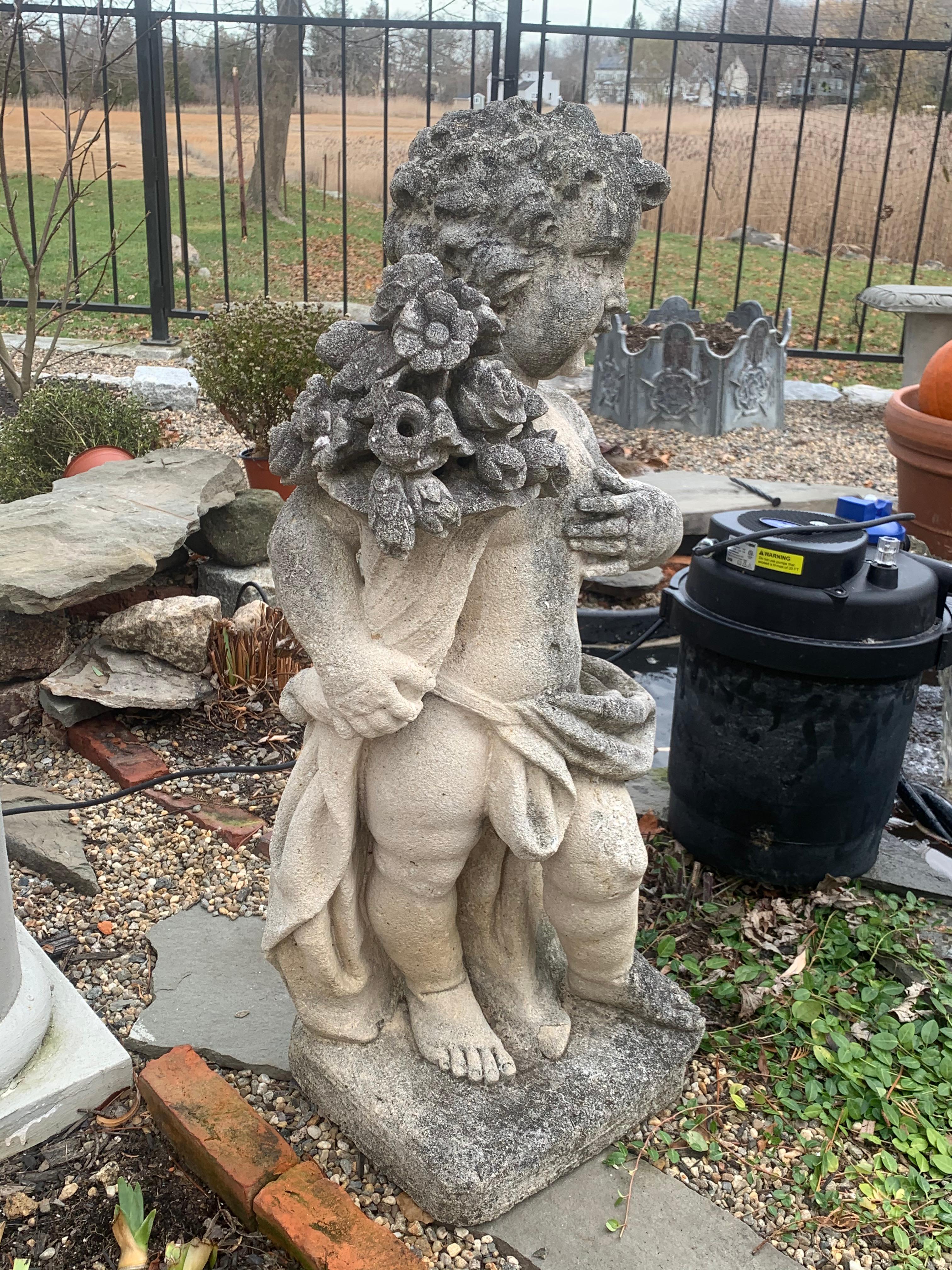Pair of Late 19th Century Cast Stone Garden Statues of Putti In Good Condition In Essex, MA
