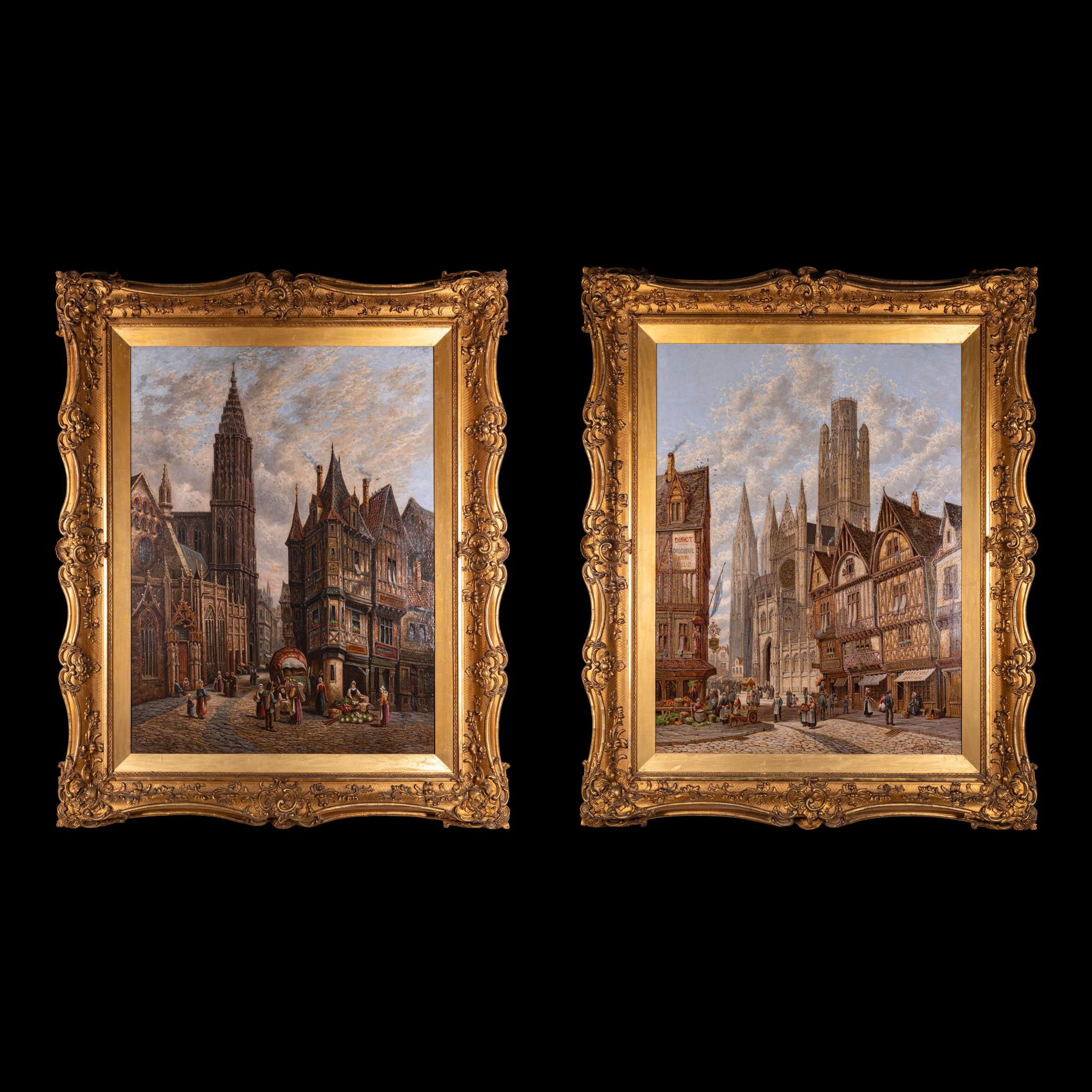 A magnificent pair of large oil paintings of cathedral city scenes by Augustus Bentley (British, fl. 1880–1910), each finely detailed work depicting bustling continental street scenes with figures before grand Gothic cathedrals, one showing
