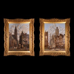 Pair of Late 19th Century Cathedral Oil Paintings By English Artist A. Bentley