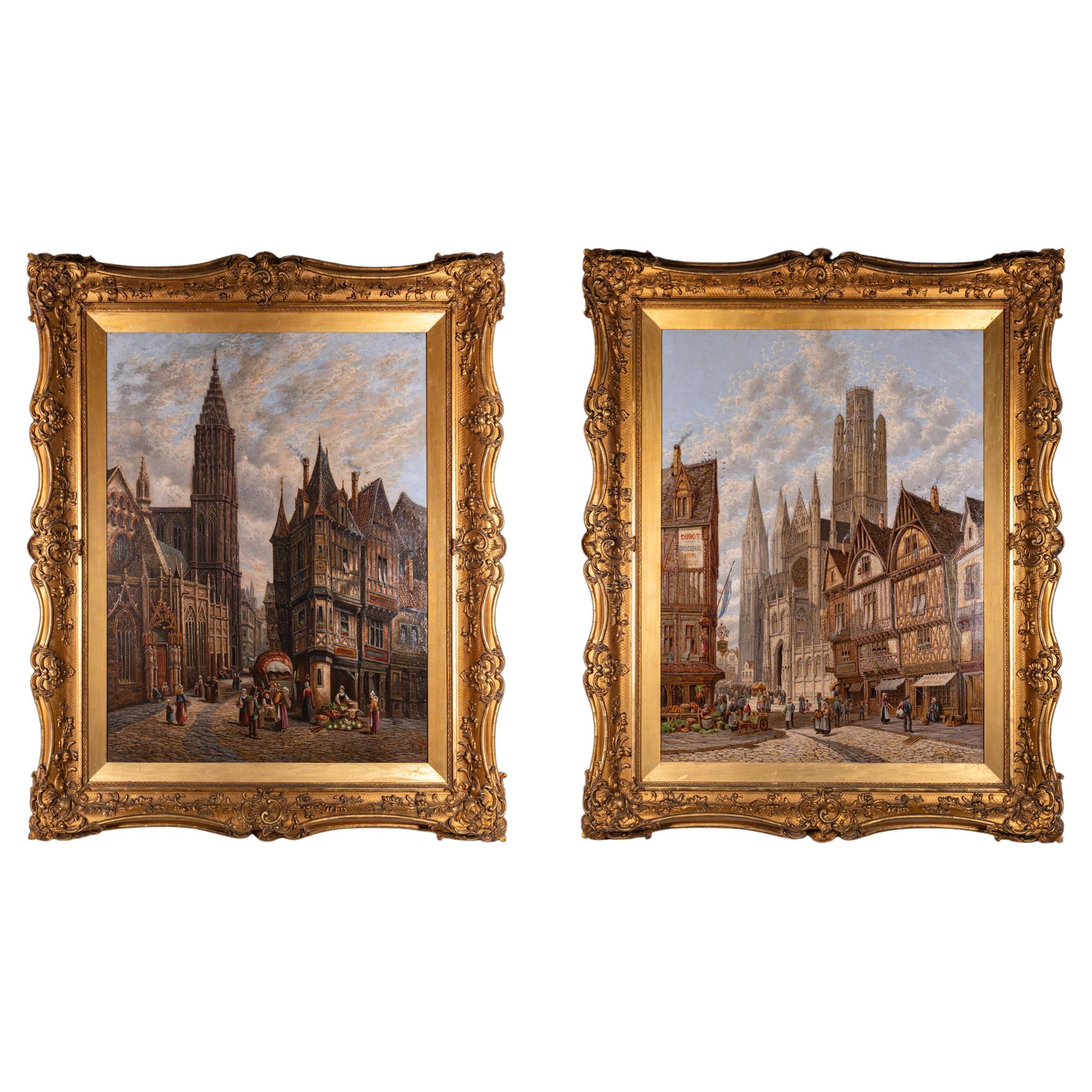Pair of Late 19th Century Cathedral Oil Paintings By English Artist A. Bentley For Sale