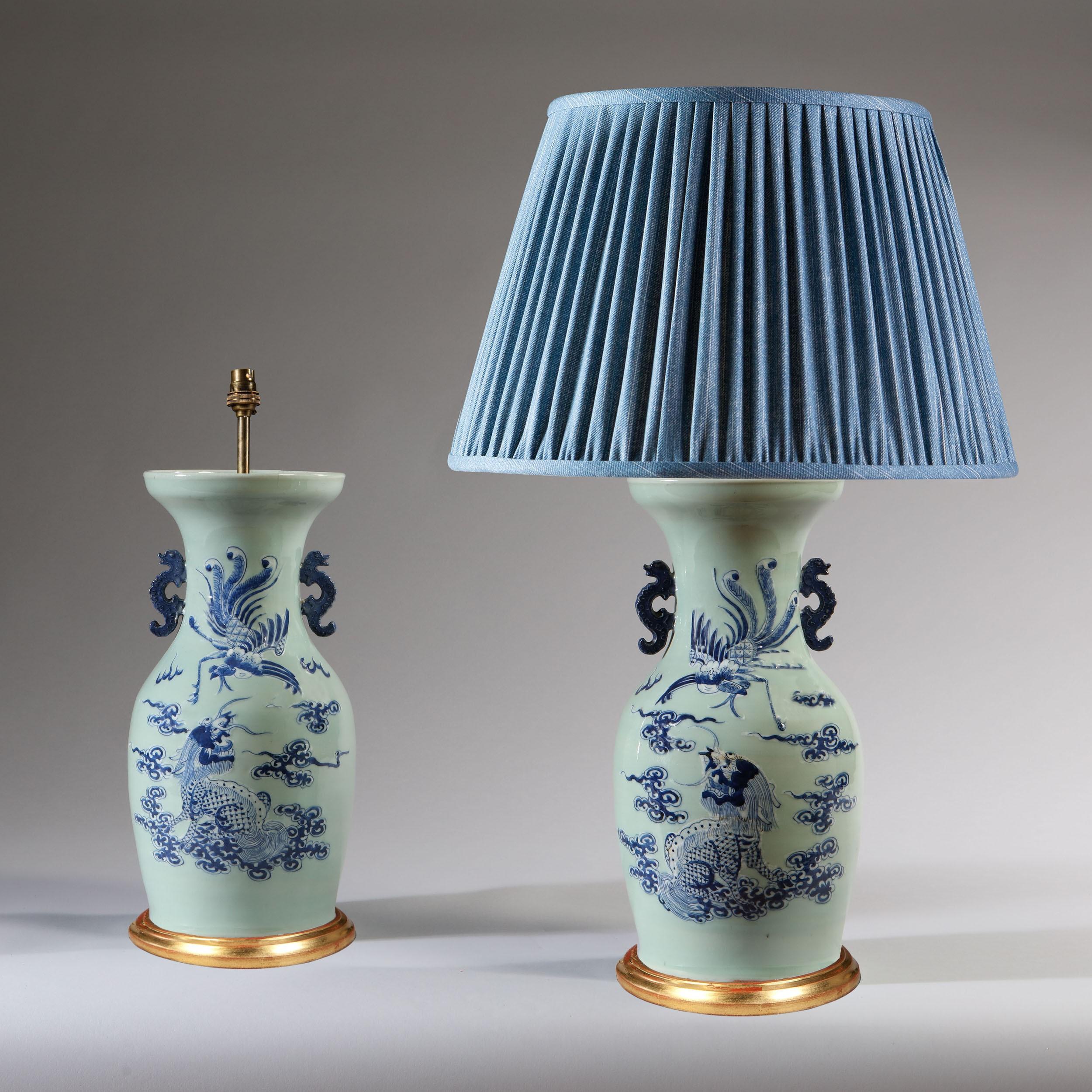 Chinese Pair of Late 19th Century Celadon Vases as Table Lamps with Giltwood Bases