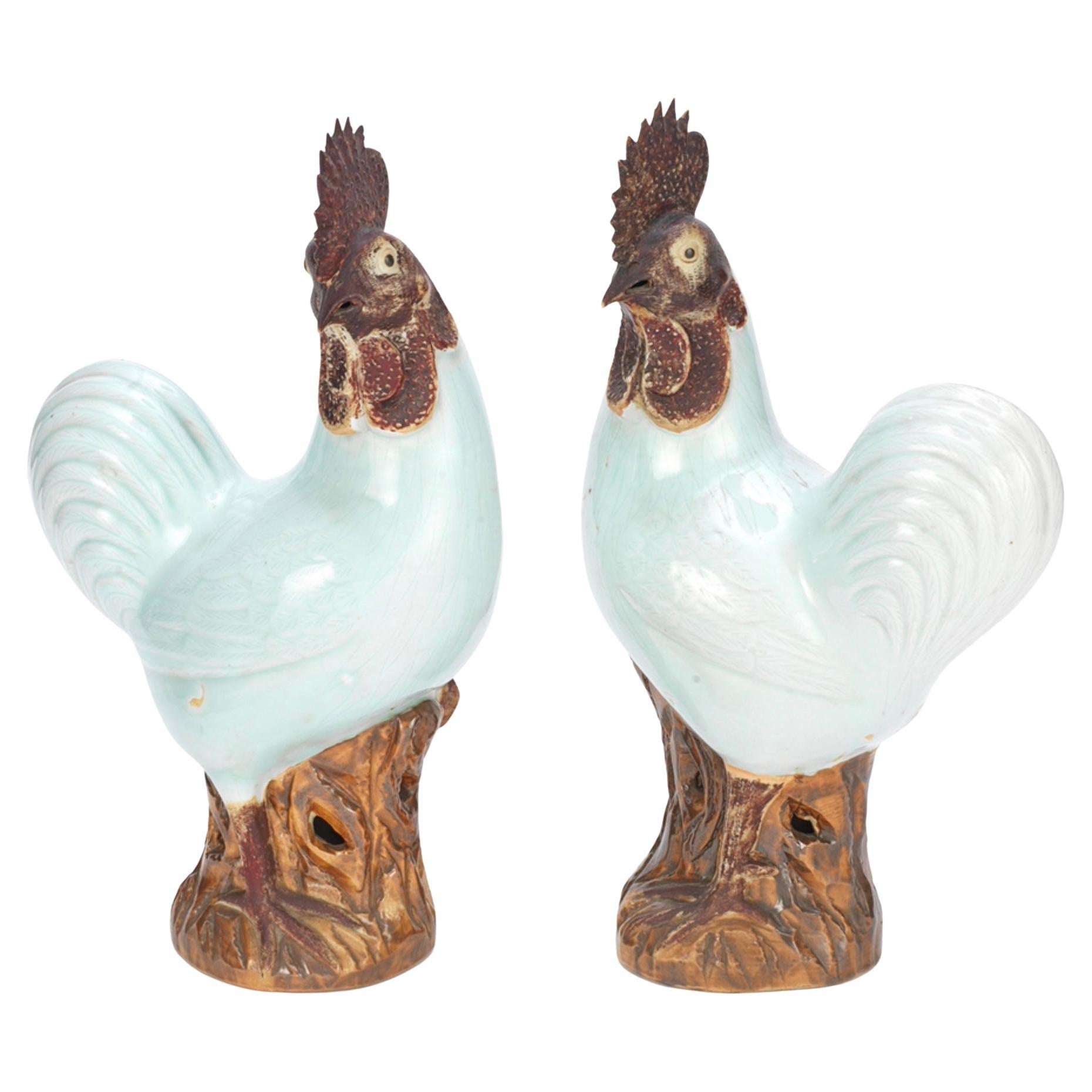 Pair of Early 19th Century Chinese Antique Porcelain Cockerels  For Sale