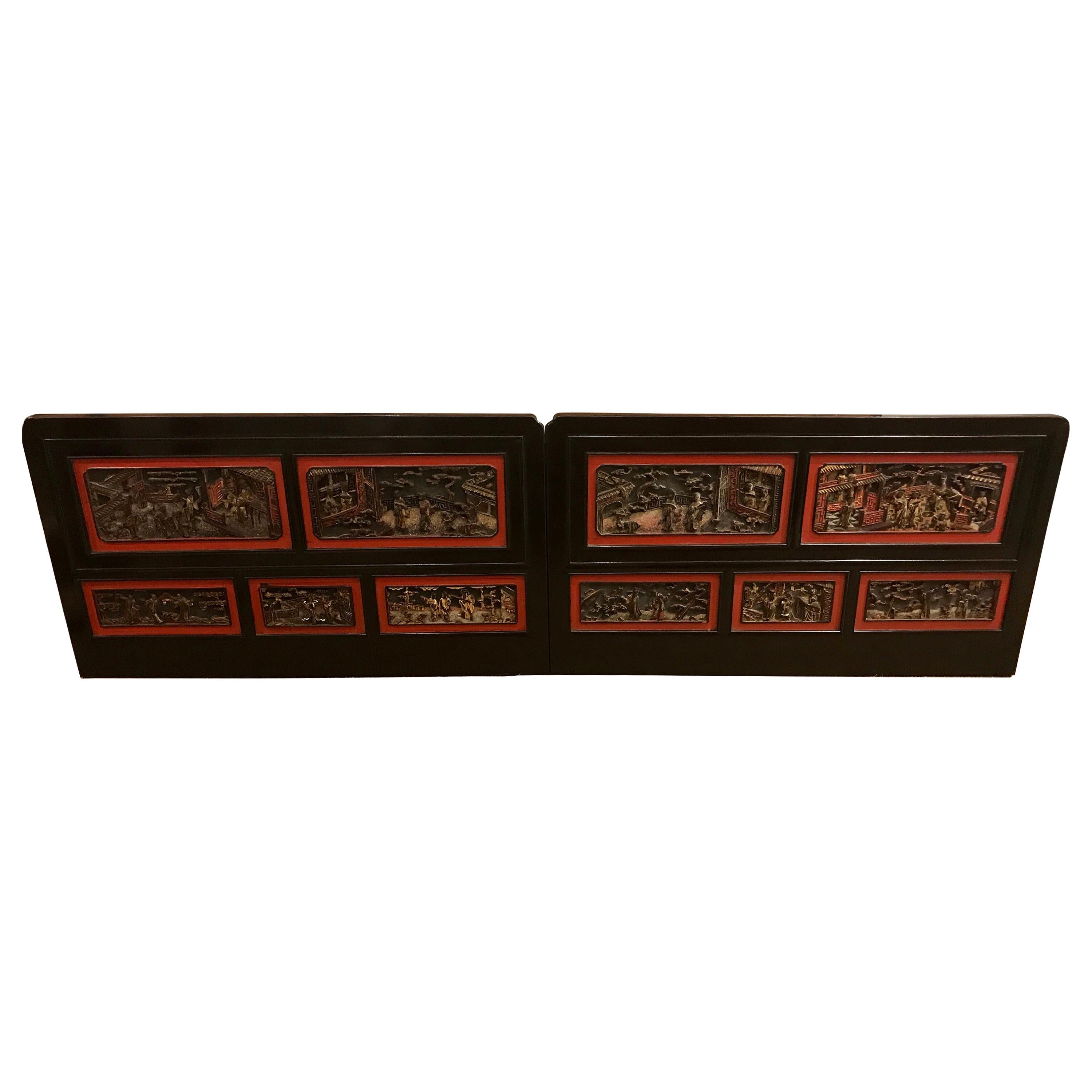 Pair of Late 19th Century Chinese Carved Panels/ Twin Headboards For Sale