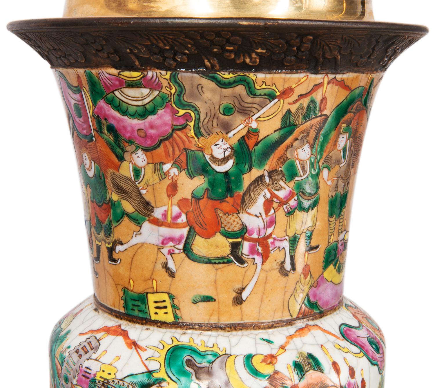 Hand-Painted Pair of Late 19th Century Chinese Crackle-Ware Vases / Lamps For Sale