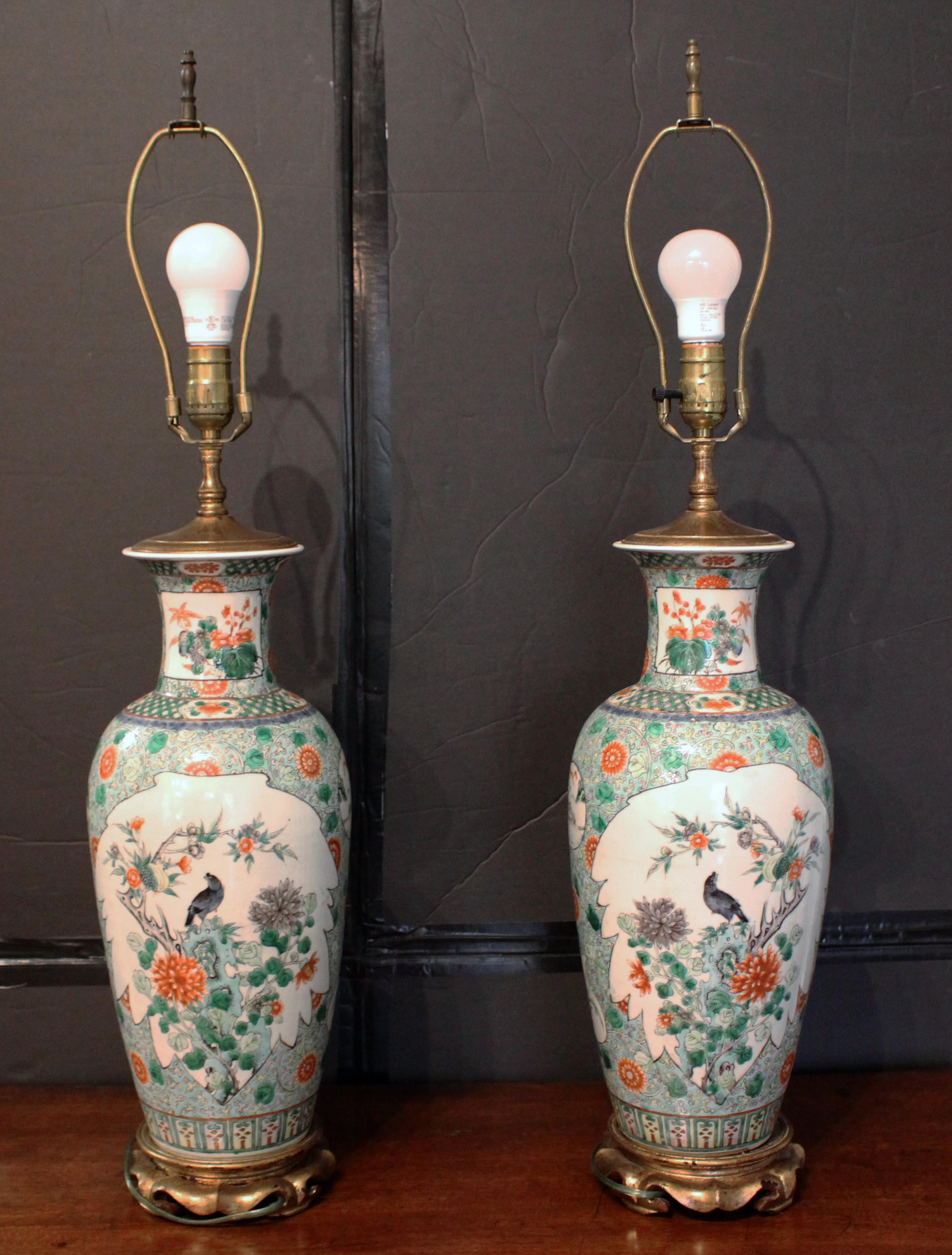 Qing Pair of Late 19th Century Chinese Famille Verte Export Vases as Lamps