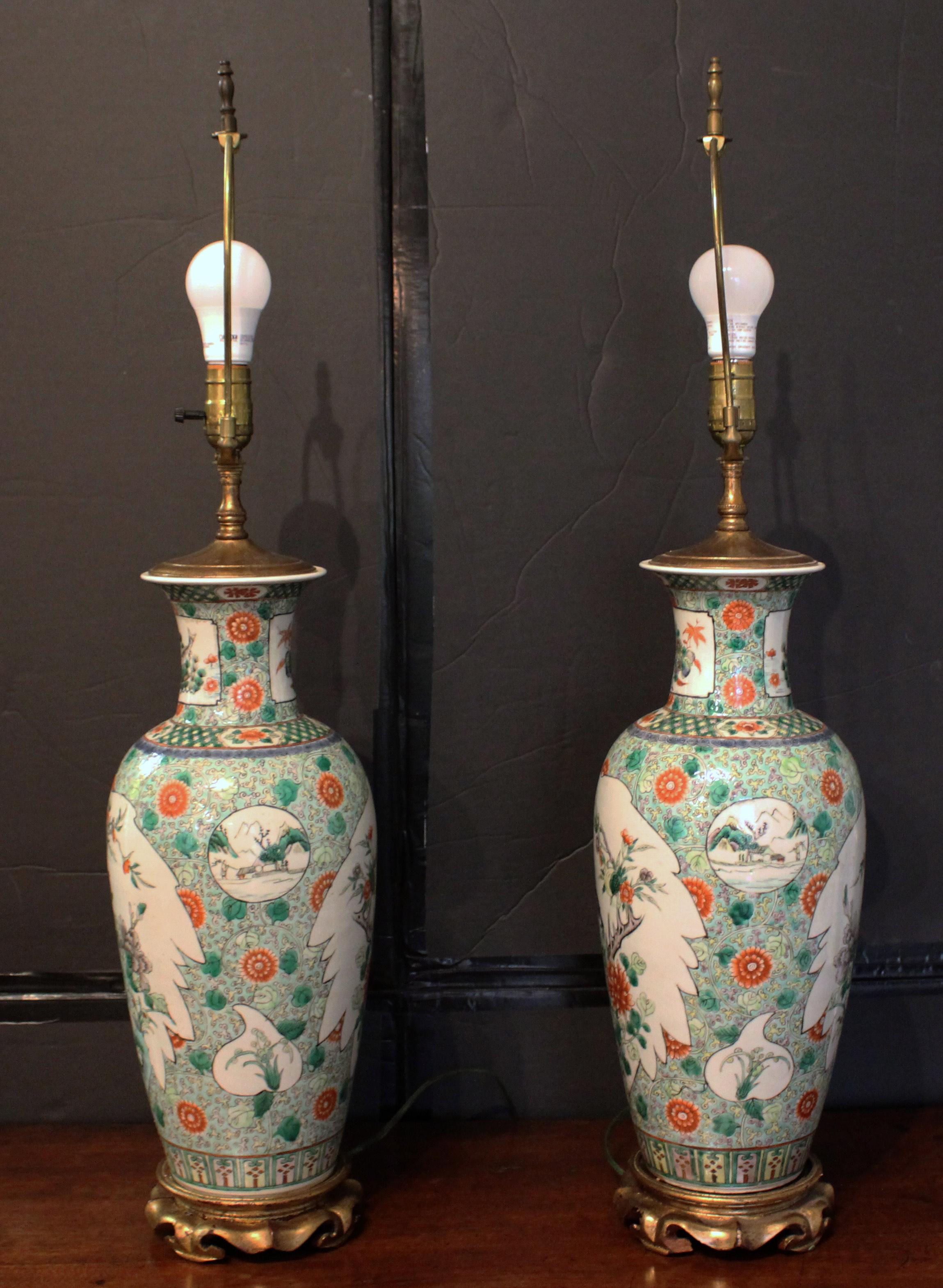 Pair of Late 19th Century Chinese Famille Verte Export Vases as Lamps In Good Condition In Chapel Hill, NC