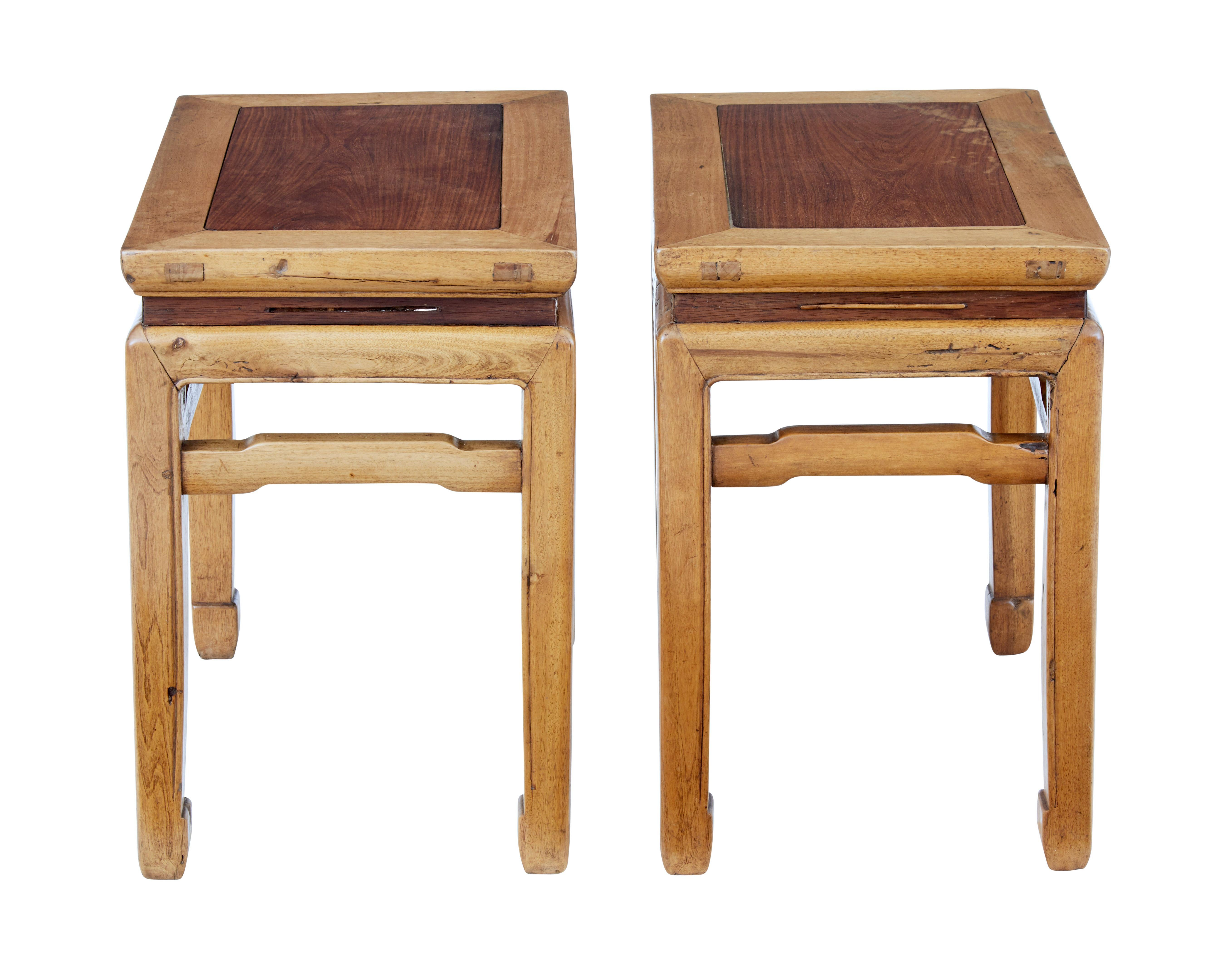 Pair of late 19th century Chinese hardwood occasional tables, circa 1890.

Good quality pair of Chinese export stools which would make ideal lamp tables.

Hardwood similar to elm, with contrasting inset top and band below the top