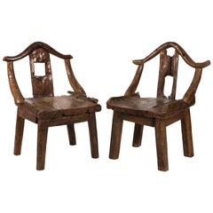 Antique Pair of Late 19th Century Chinese Yoke Back Root Chairs