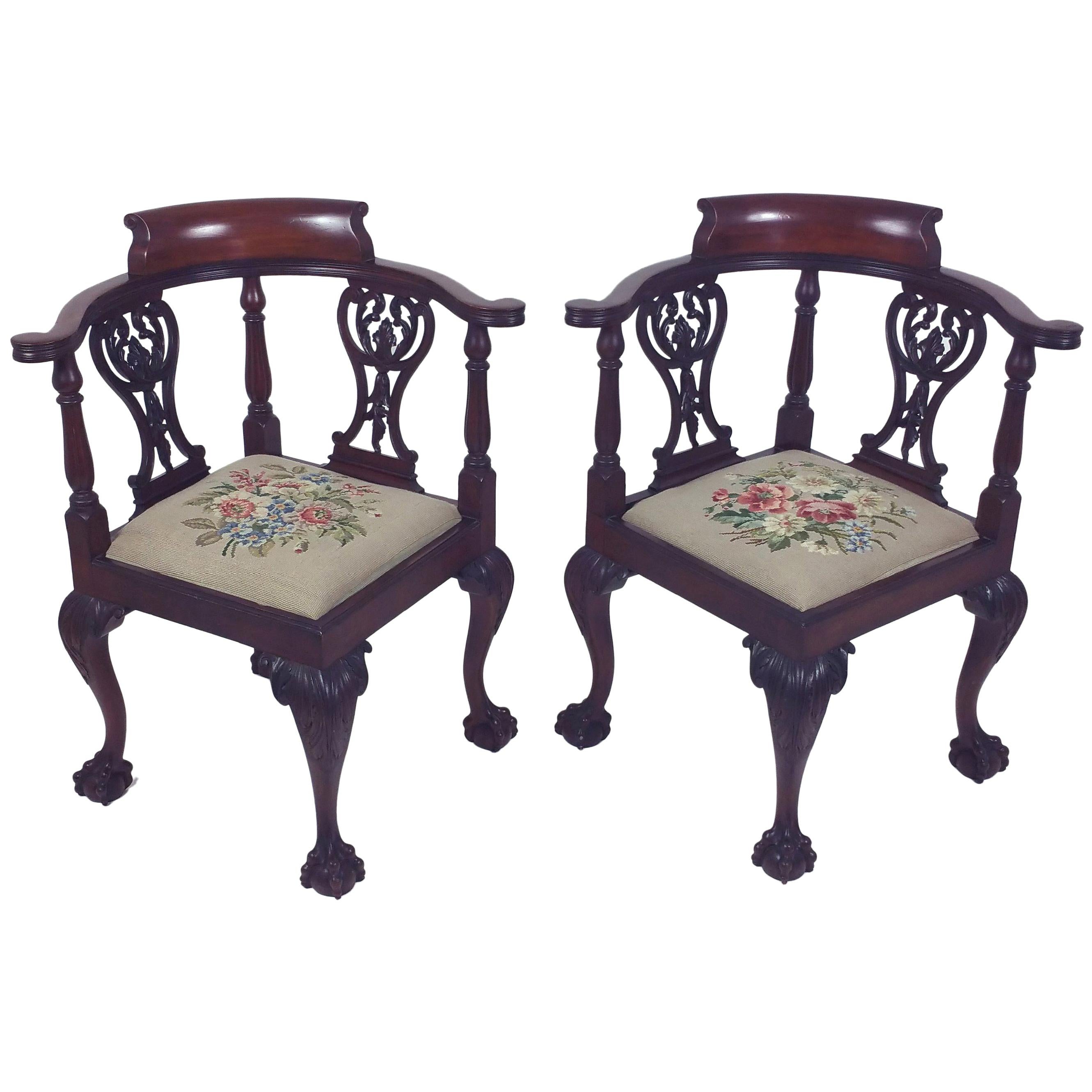 Pair of Late 19th Century Chippendale Design Carved Mahogany Corner Chairs