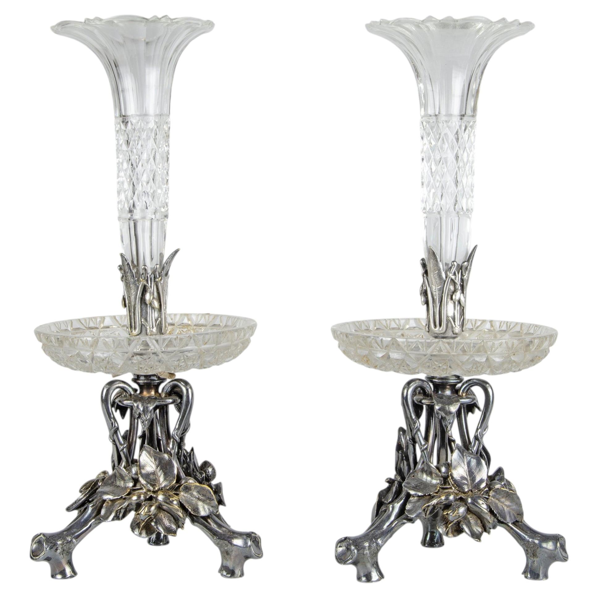 Coppia di Epergne argentate con ciotole in vetro della fine del XIX secolo di Christofle, Francia