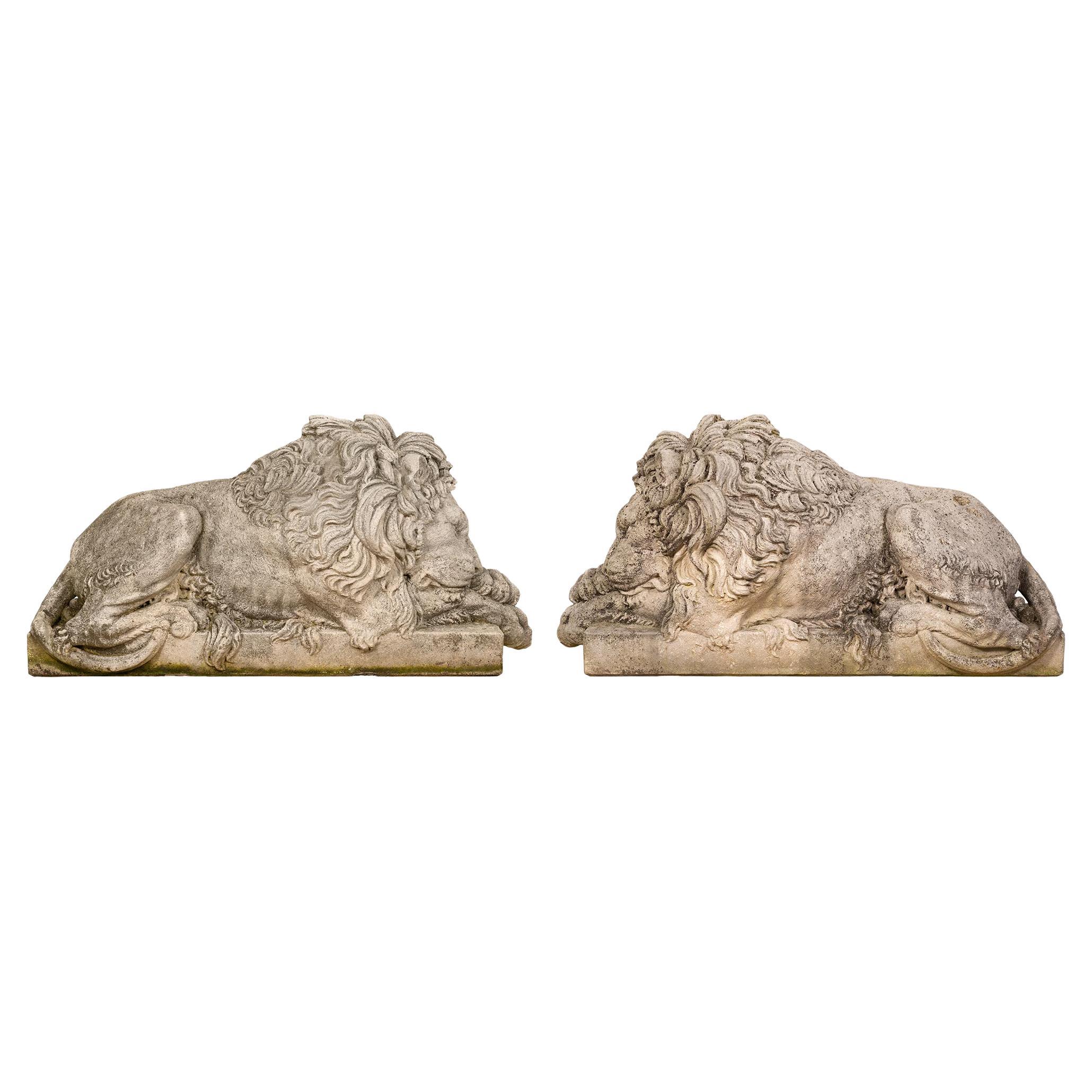 Pair of Late 19th Century Composite Stone Statues of Lions