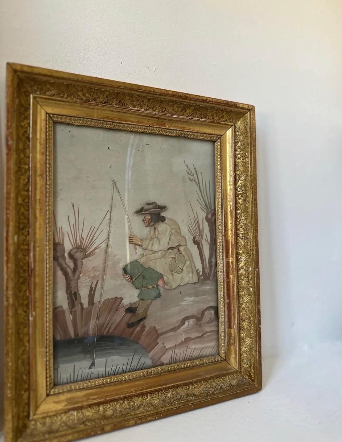 Art Nouveau Coppia di collage figurativi a tecnica mista di fine Ottocento continentale con tessuto in vendita
