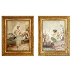 Pair of Late 19th Century Continental Mixed Media Figural Collages With Textile