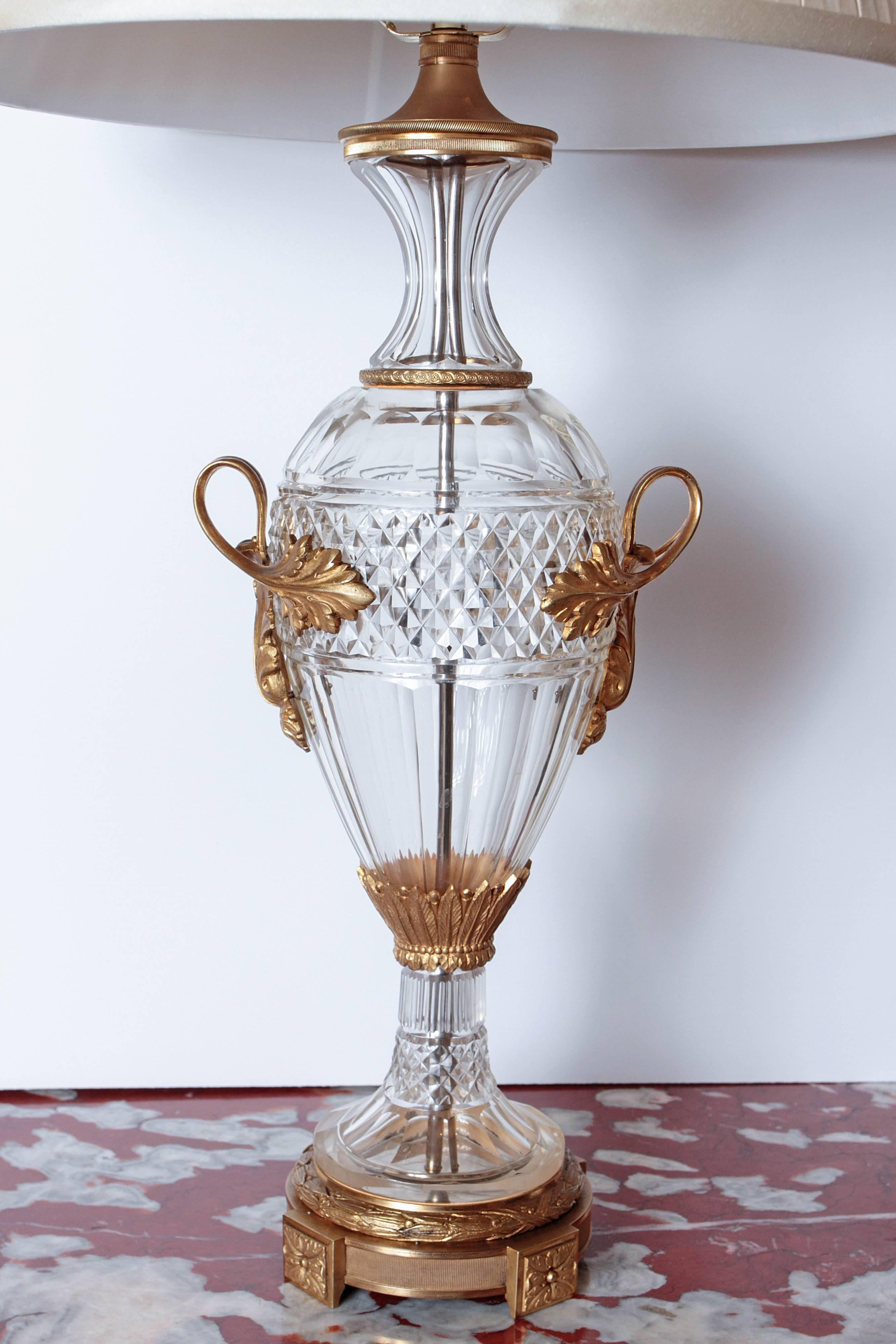 French Pair of Late 19th Century Cut Crystal and Gilt Bronze Urns Made into Lamps