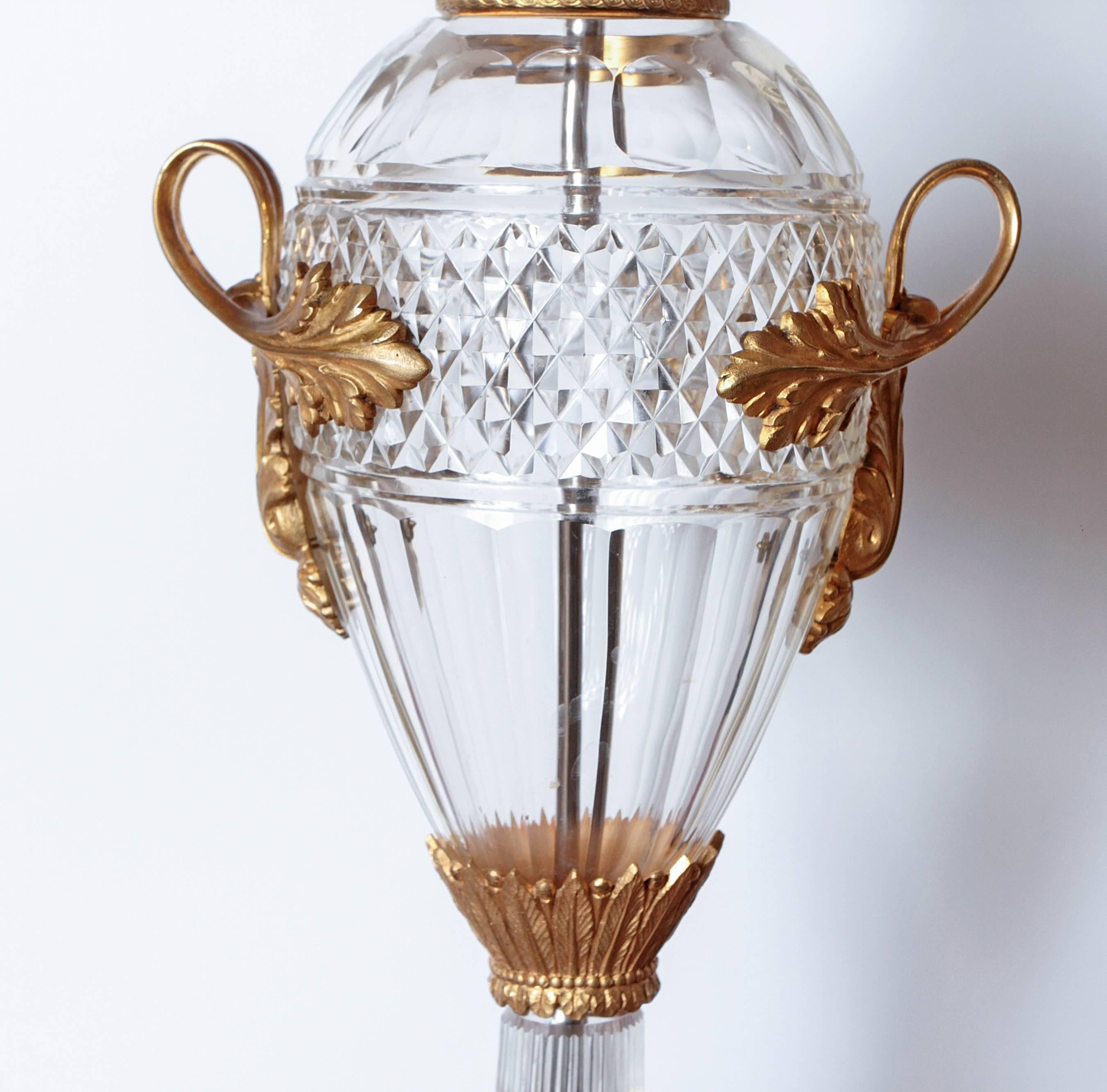 Pair of Late 19th Century Cut Crystal and Gilt Bronze Urns Made into Lamps In Excellent Condition In Dallas, TX