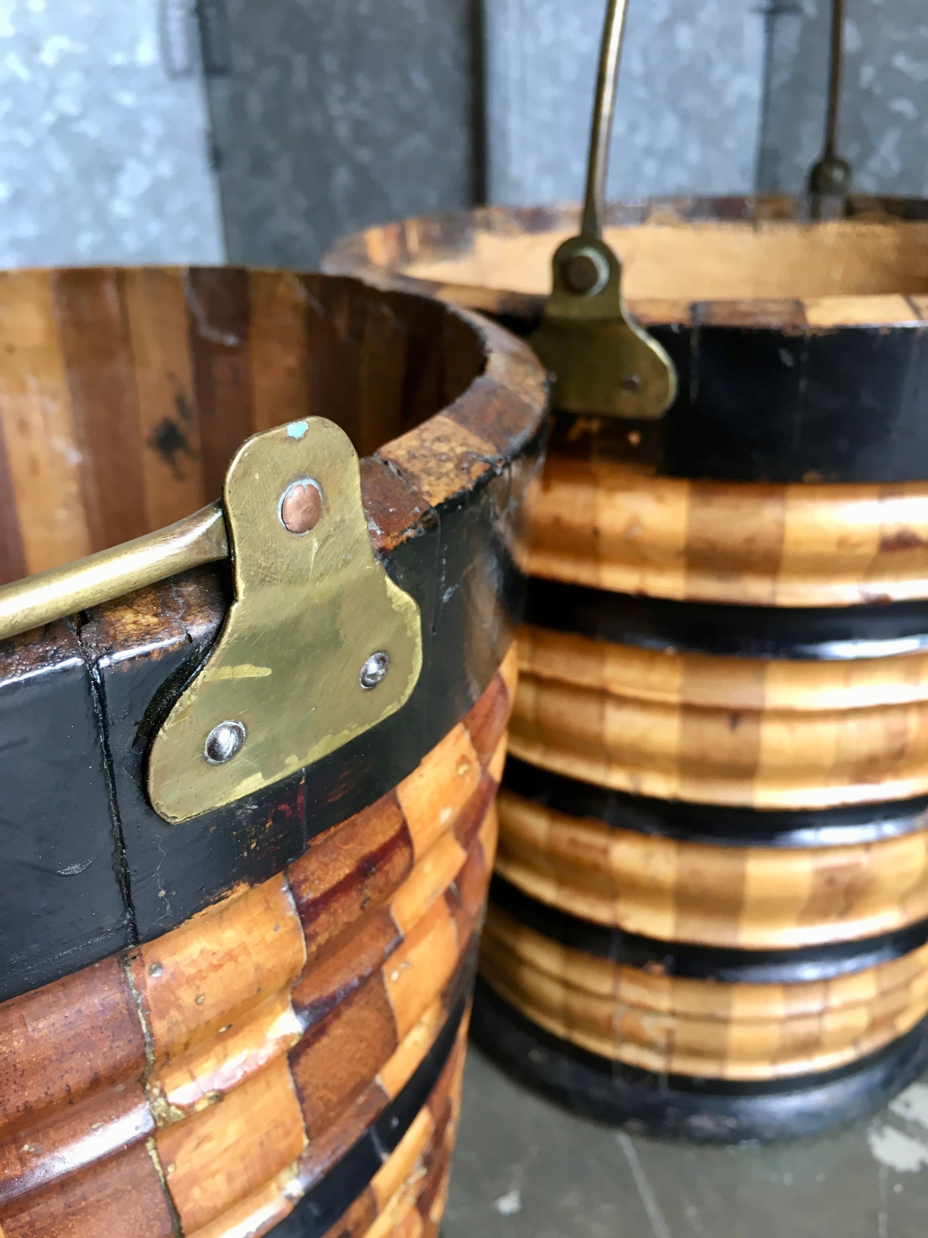 Hand-Crafted Pair of Late 19th Century Dutch Fruitwood Ebonized Peat Buckets Brass Handles For Sale