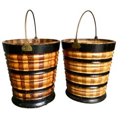 Antique Pair of Late 19th Century Dutch Fruitwood Ebonized Peat Buckets Brass Handles