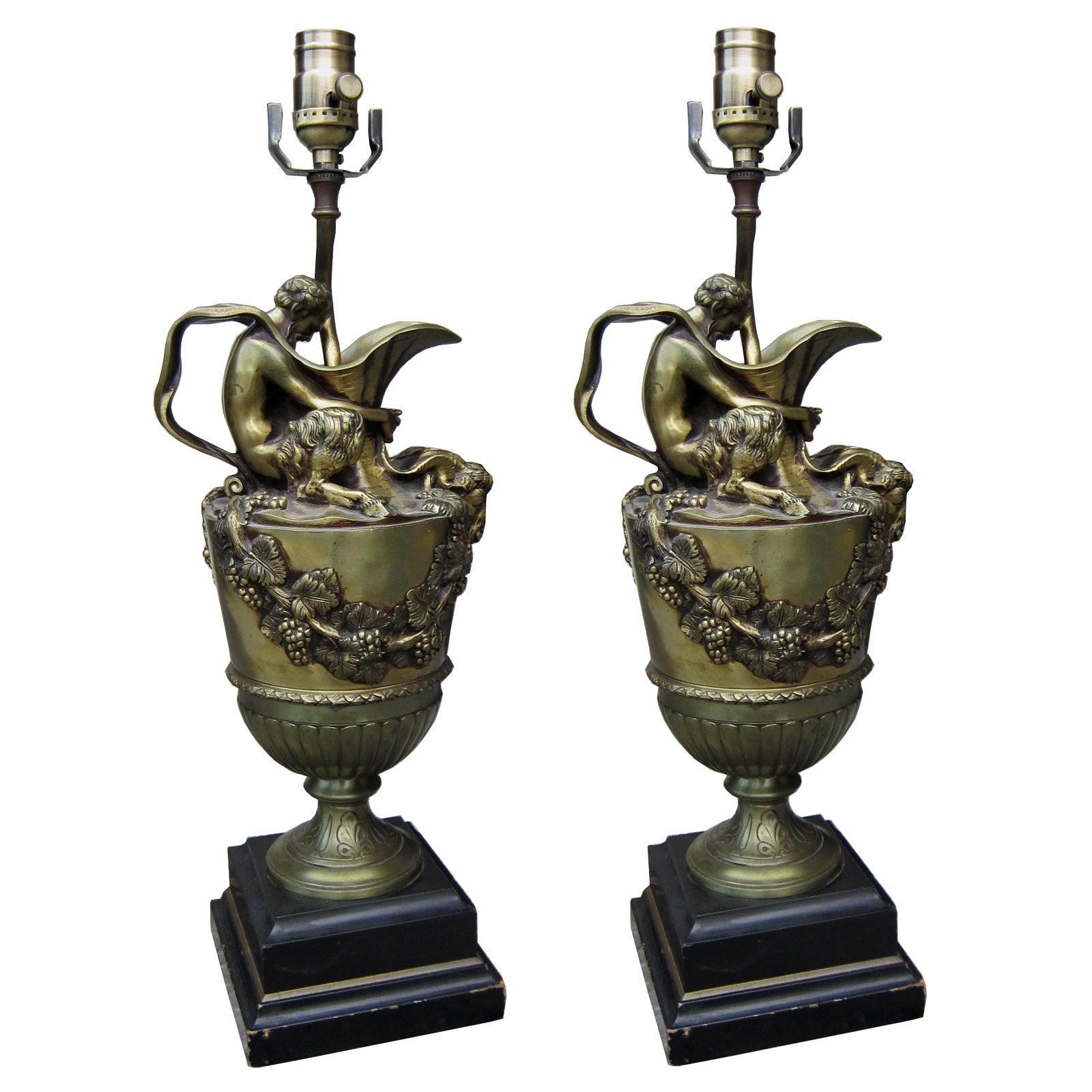 Pair of Late 19th Century English Bronze Wine Ewer Lamps For Sale