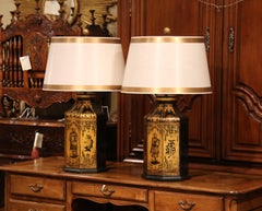 Pair of 19th Century English Painted and Gilt Tole Tea Canisters Table Lamps