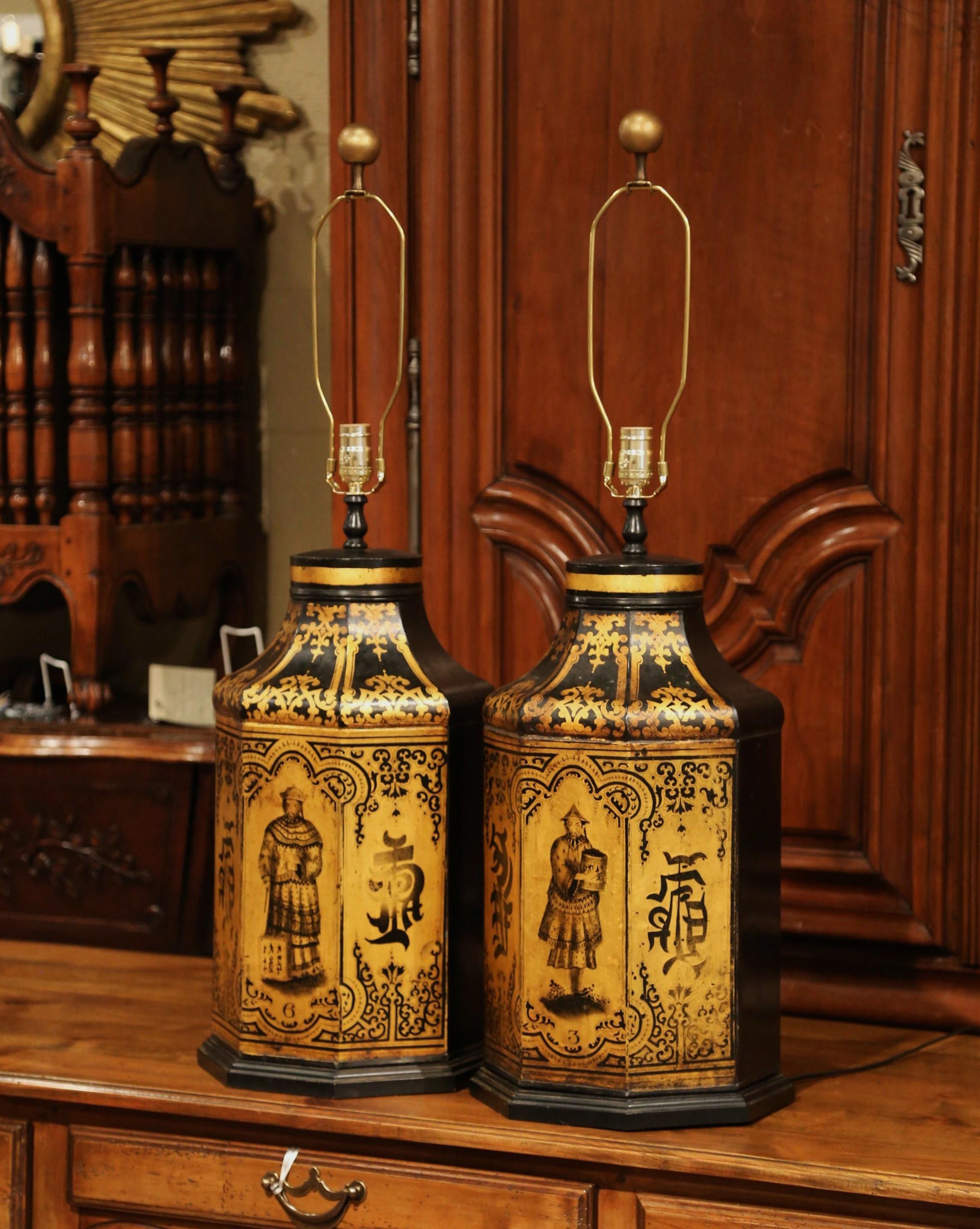 Pair of 19th Century English Painted and Gilt Tole Tea Canisters Table Lamps 2