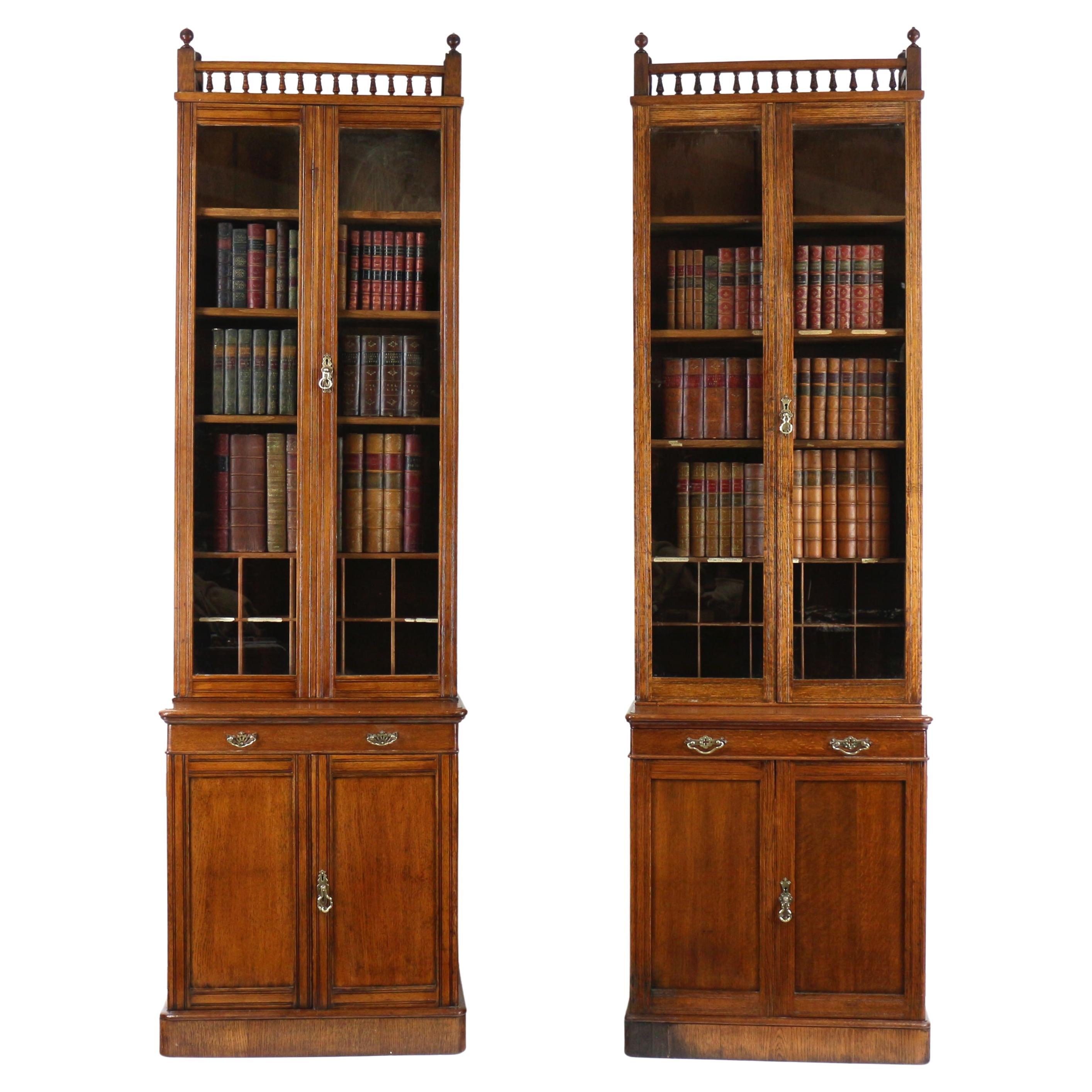 Pair of late 19th Century English Victorian Narrow Oak Bookcases