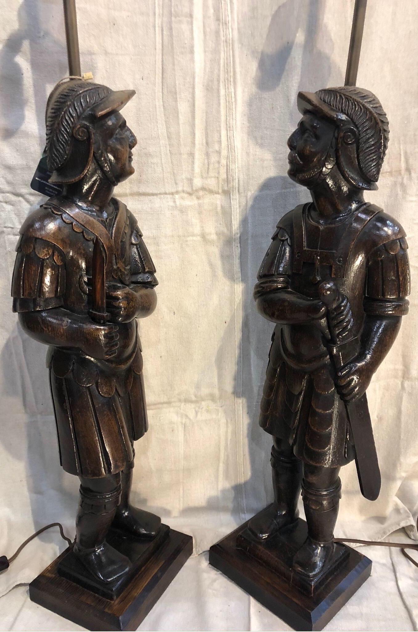 Oak Pair of Late 19th Century English Warrior Lamps
