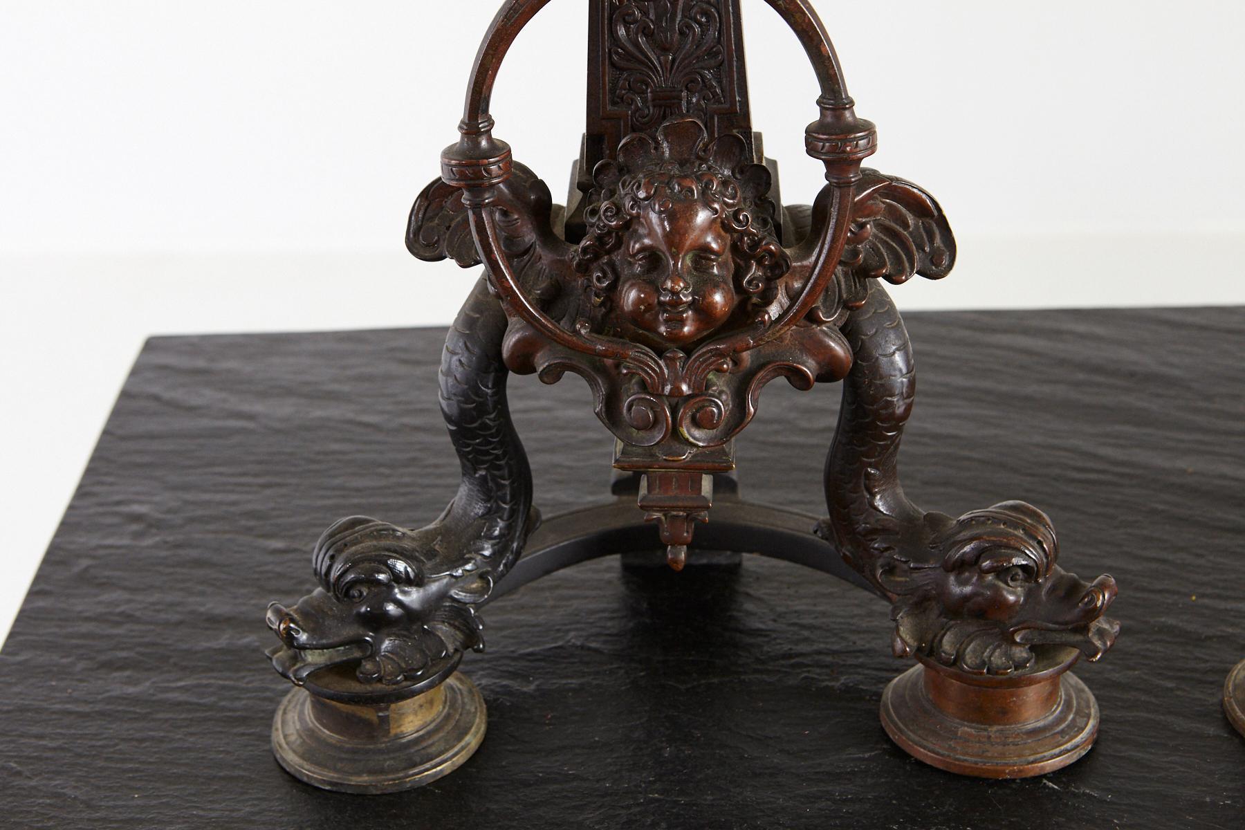Cast Pair of Late 19th Century French Baroque Bronze Andirons with Dolphin and Putti For Sale
