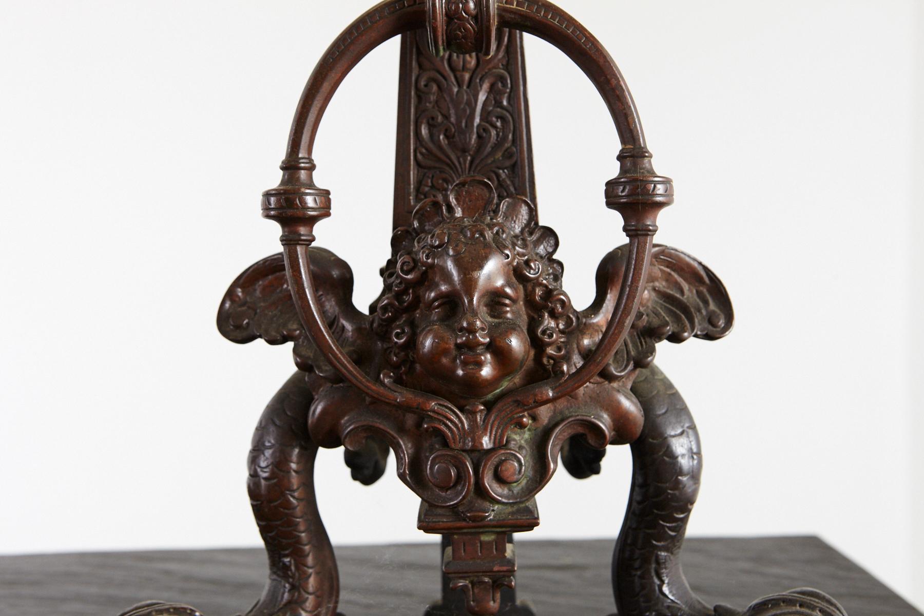 Pair of Late 19th Century French Baroque Bronze Andirons with Dolphin and Putti For Sale 1