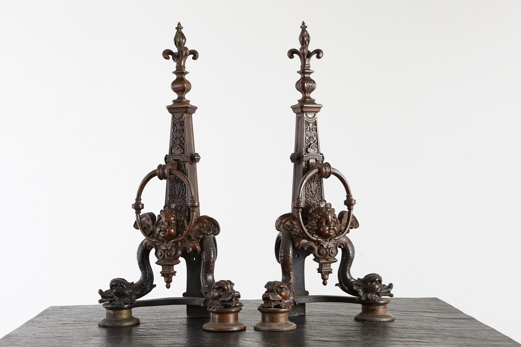 Pair of Late 19th Century French Baroque Bronze Andirons with Dolphin and Putti For Sale 2