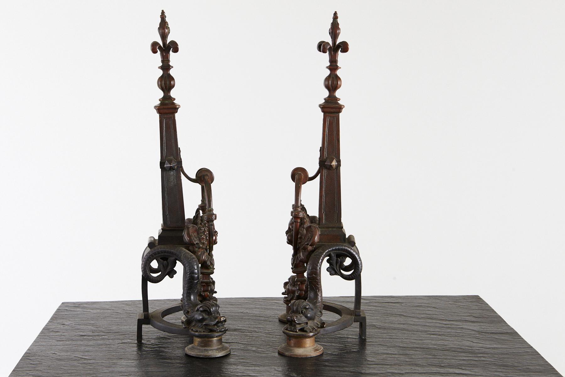 Pair of Late 19th Century French Baroque Bronze Andirons with Dolphin and Putti For Sale 4